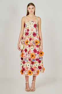 3D Floral Layered Midi Dress