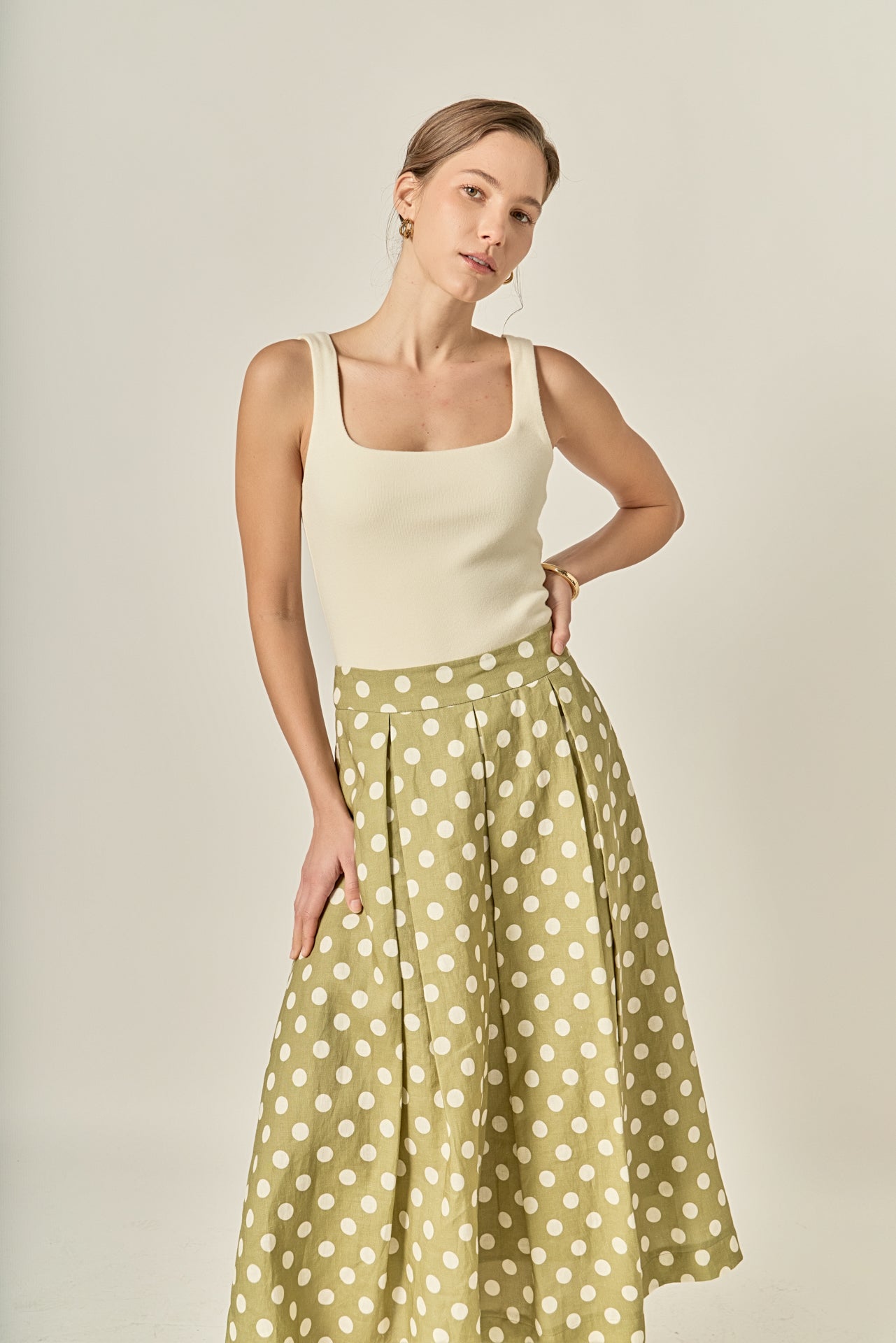 Linen Polka Dot Midi Full Skirt