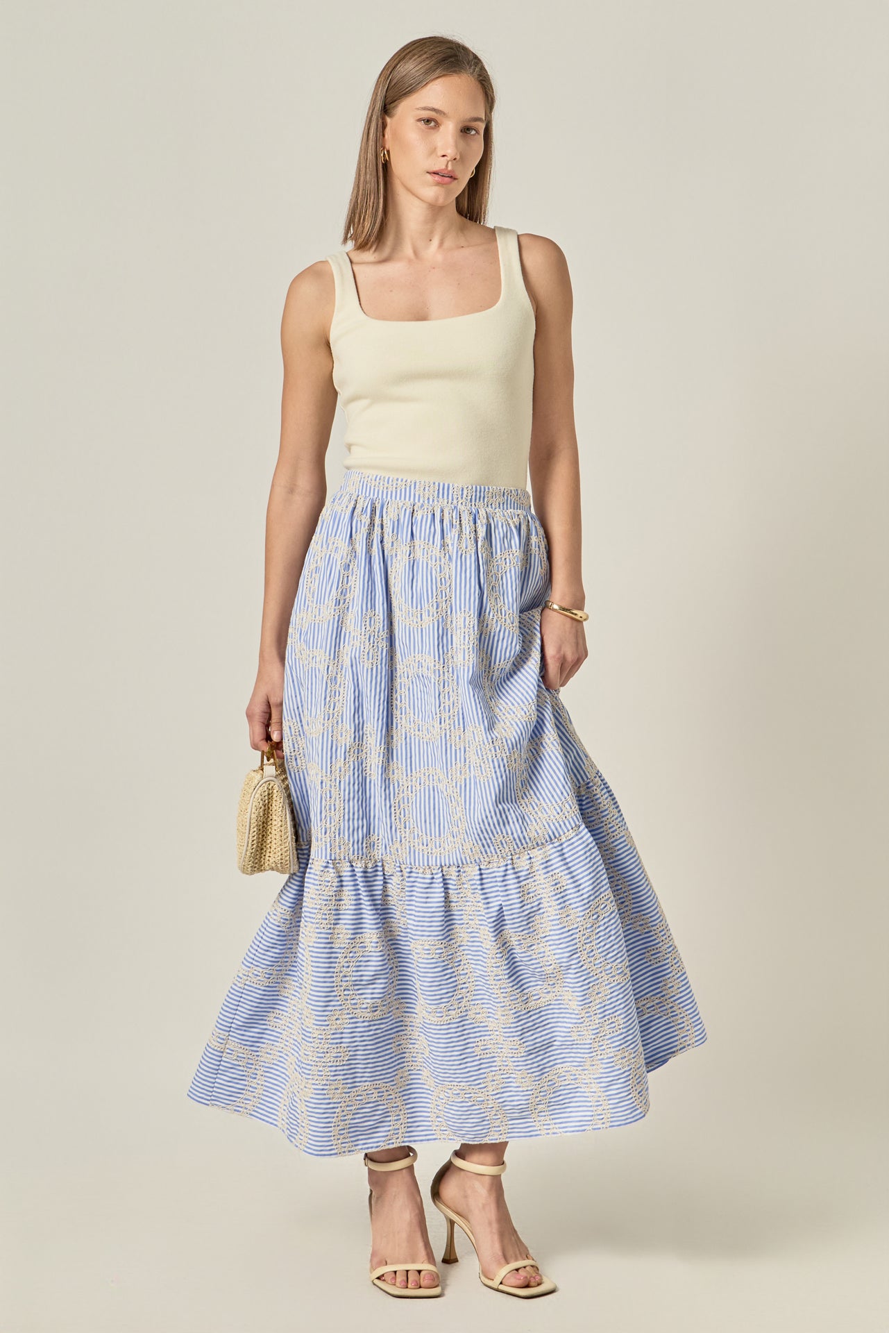 Gingham with Embroidered Midi Skirt
