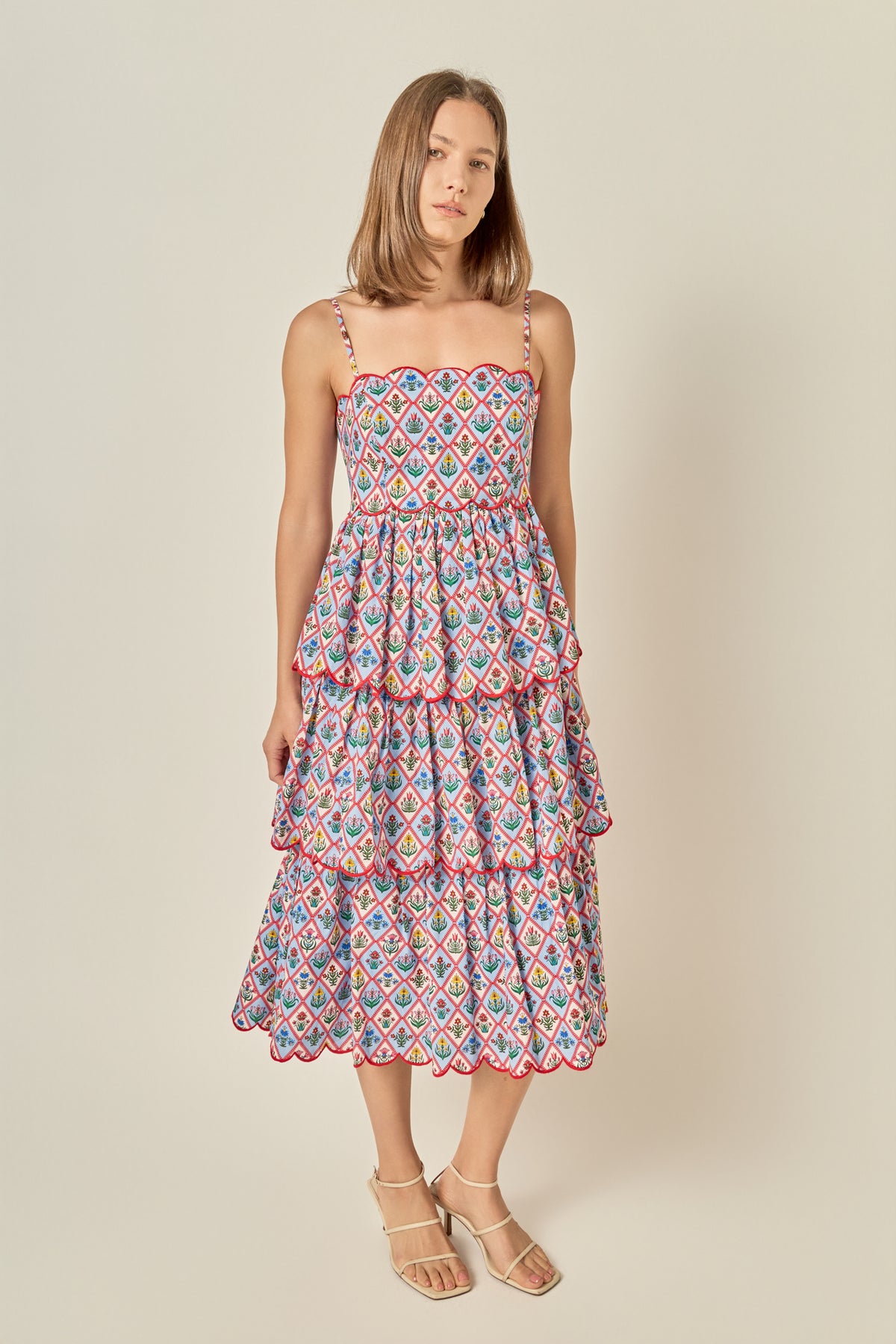 Printed Scalloped Sleeveless Tiered Dress