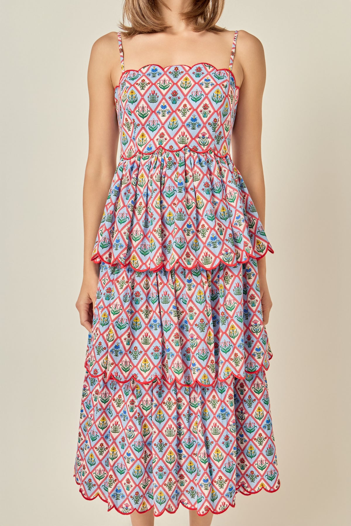 Printed Scalloped Sleeveless Tiered Dress