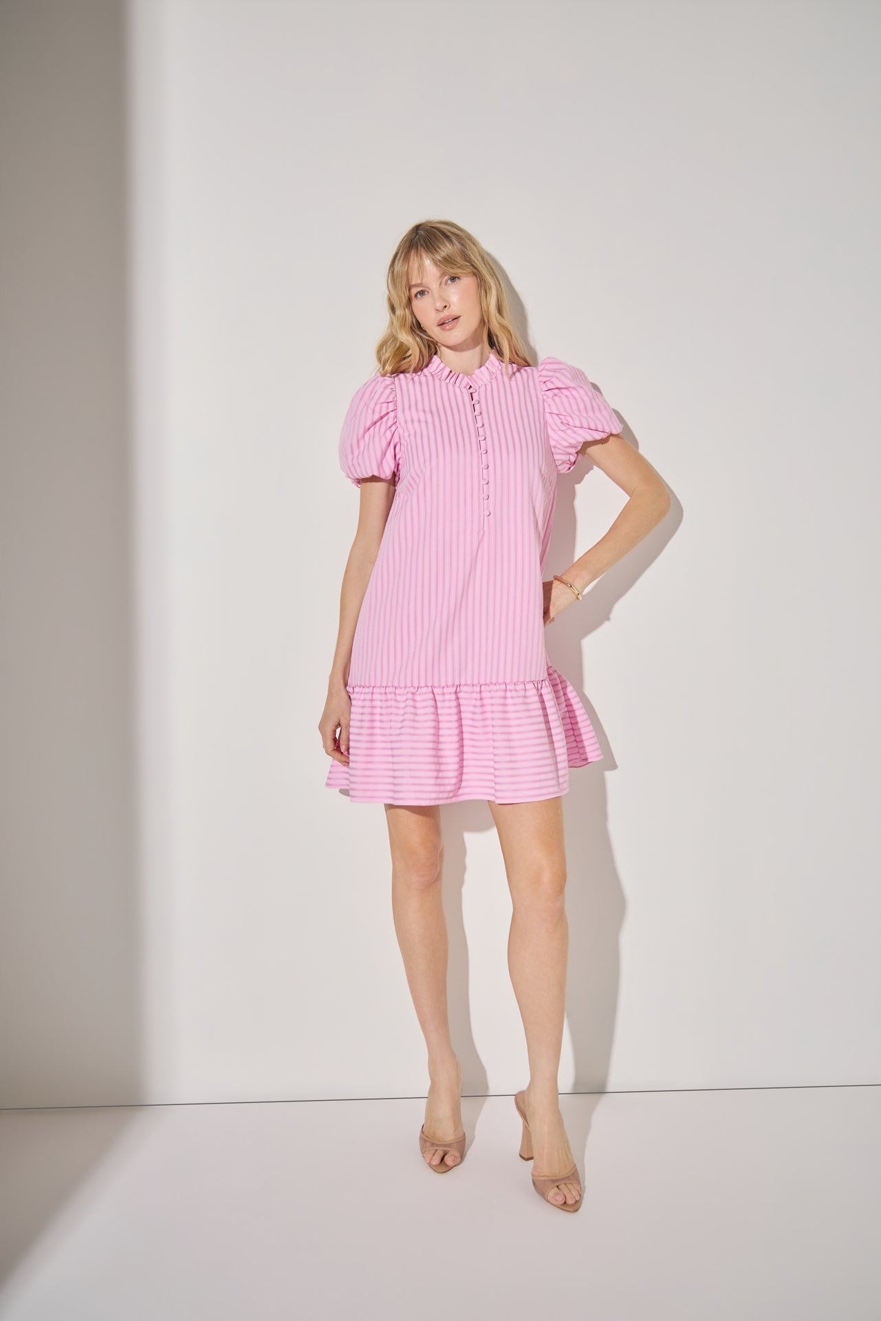 Stripe Short Puff Sleeve Mini Dress