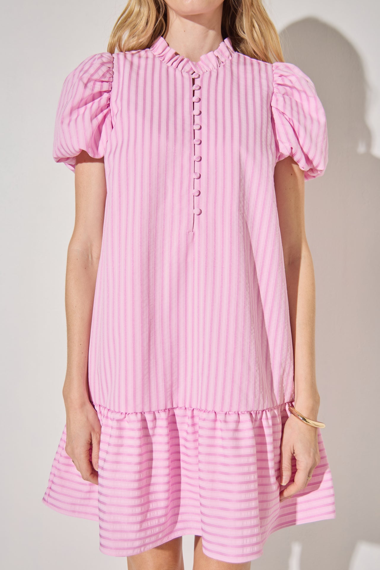 Stripe Short Puff Sleeve Mini Dress