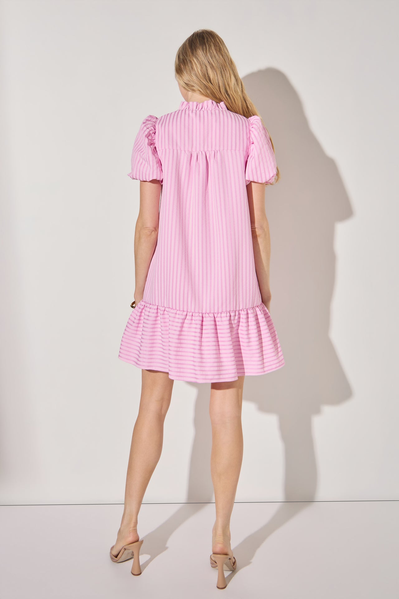 Stripe Short Puff Sleeve Mini Dress