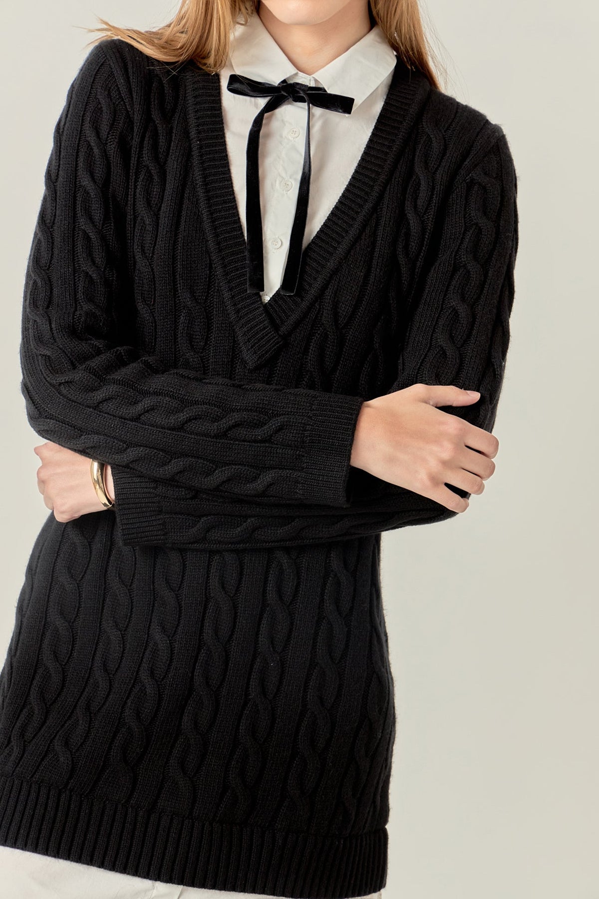 ENGLISH FACTORY - Mixed Media Cable Knit V-Neck Drop Sweater Dress - SWEATERS & KNITS available at Objectrare