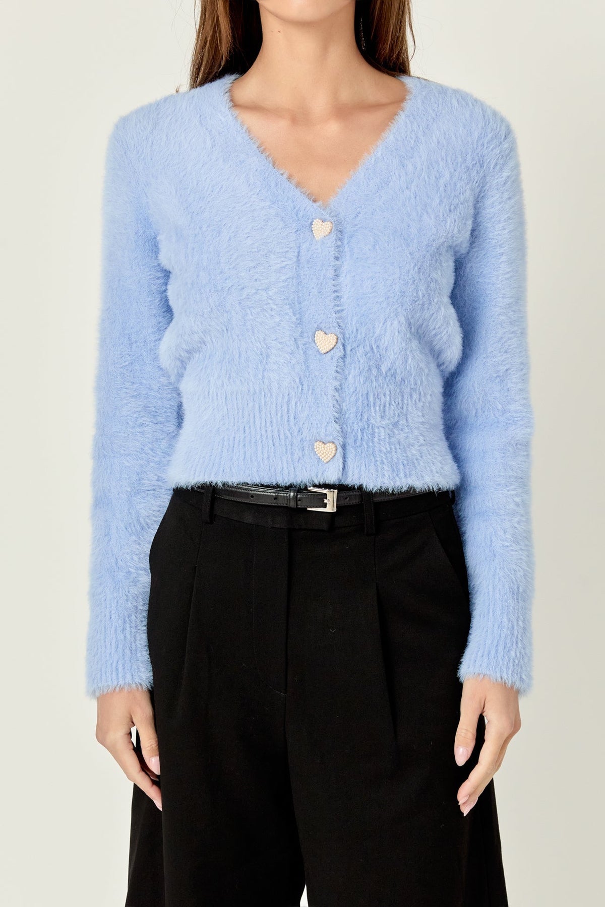 ENGLISH FACTORY - Feathered Plush Heart Buttoned Cardigan - SWEATERS & KNITS available at Objectrare