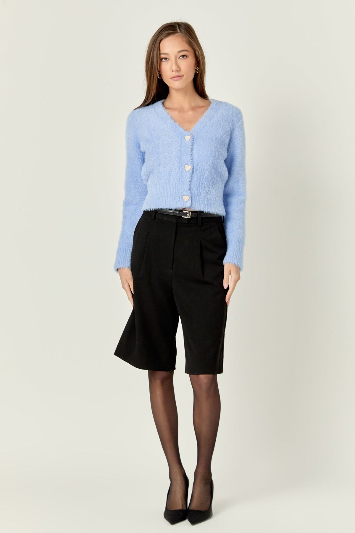 ENGLISH FACTORY - Feathered Plush Heart Buttoned Cardigan - SWEATERS & KNITS available at Objectrare
