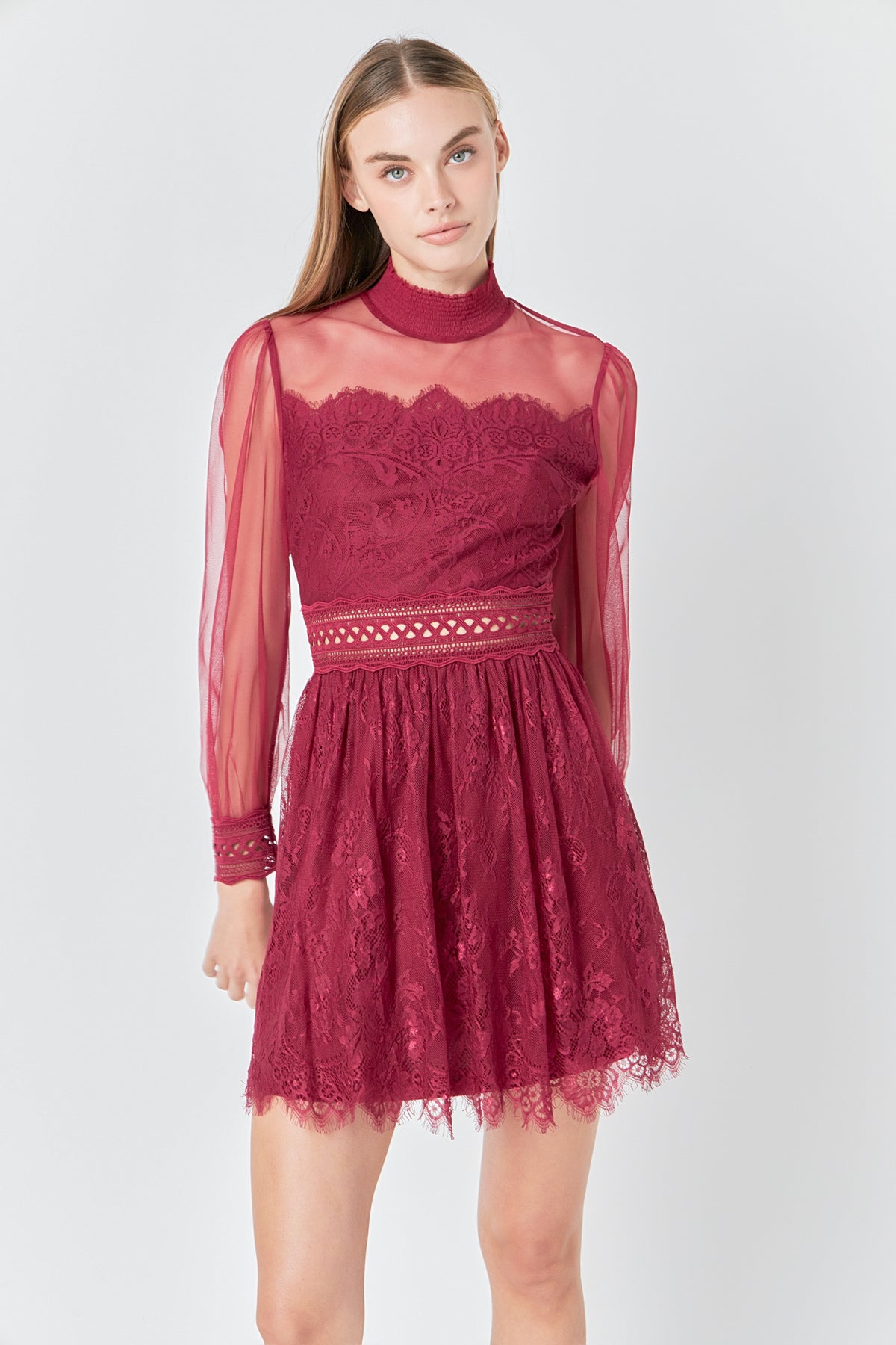 Sheer Long Sleeve Lace Mini Dress