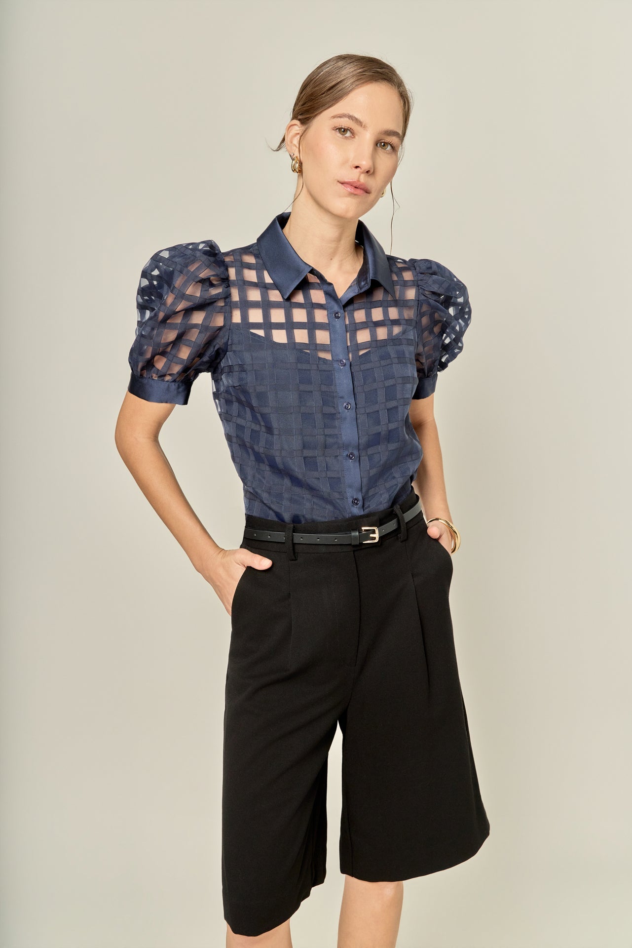 Short Sleeve Organza Grid Blouse