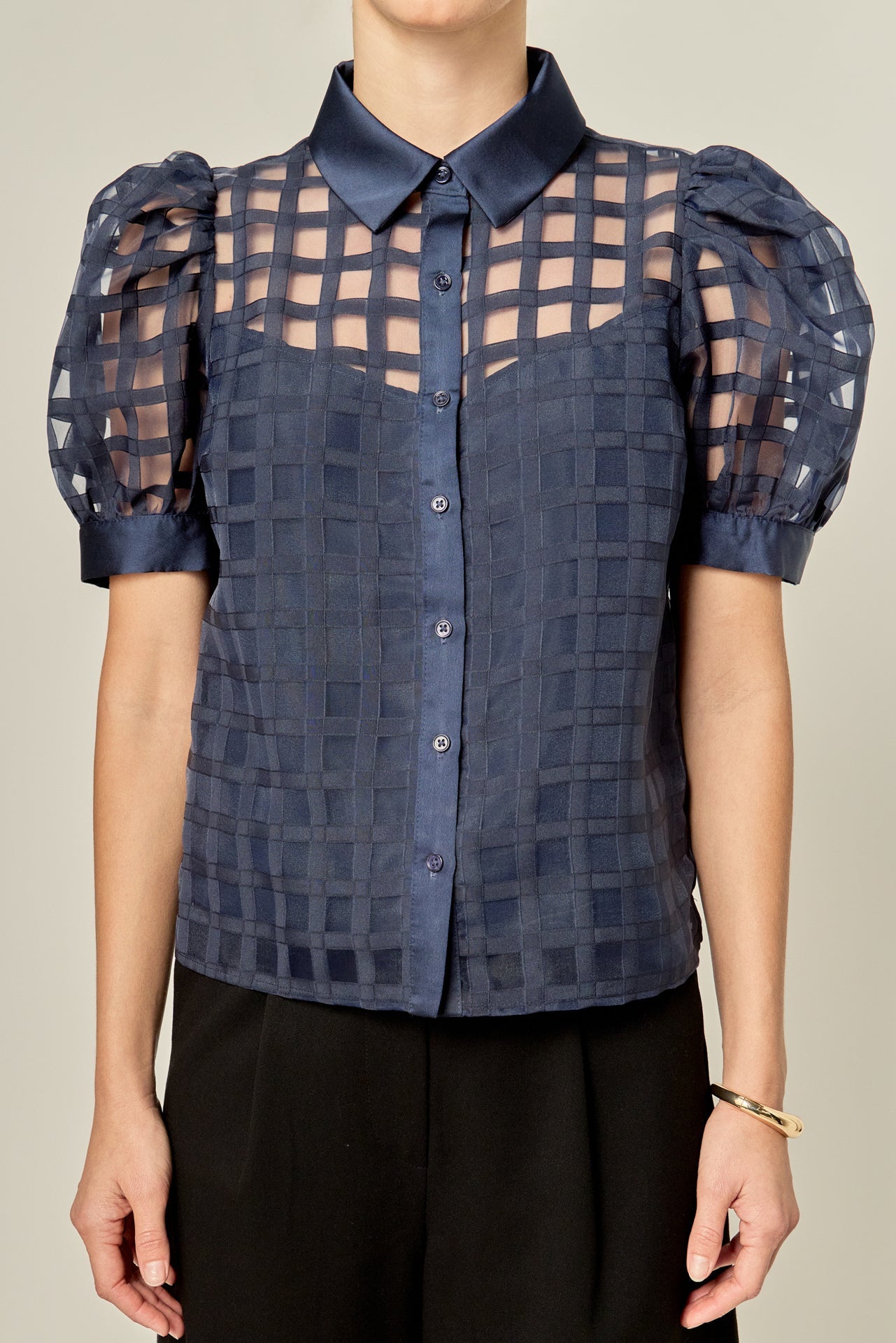 Short Sleeve Organza Grid Blouse