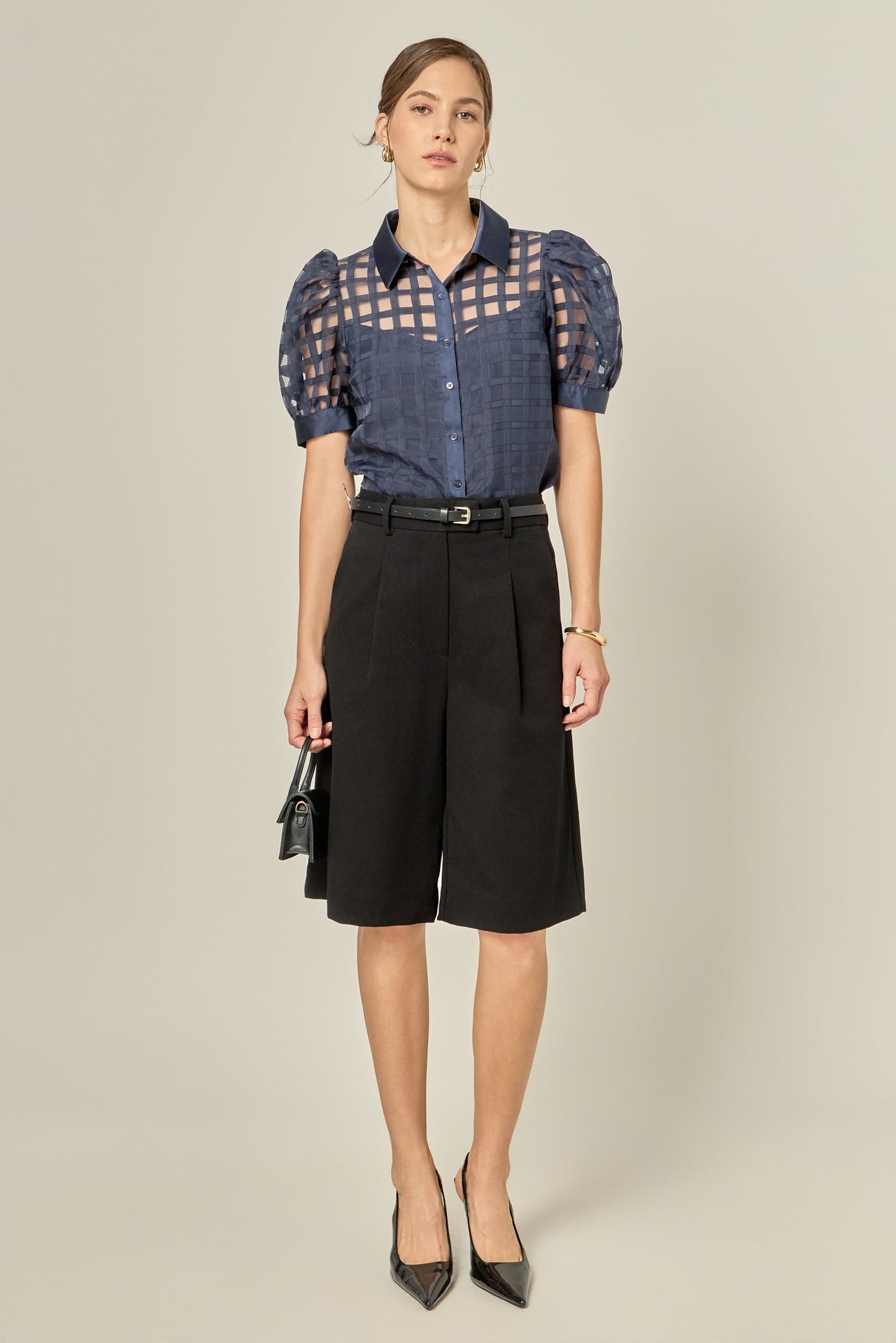 Short Sleeve Organza Grid Blouse
