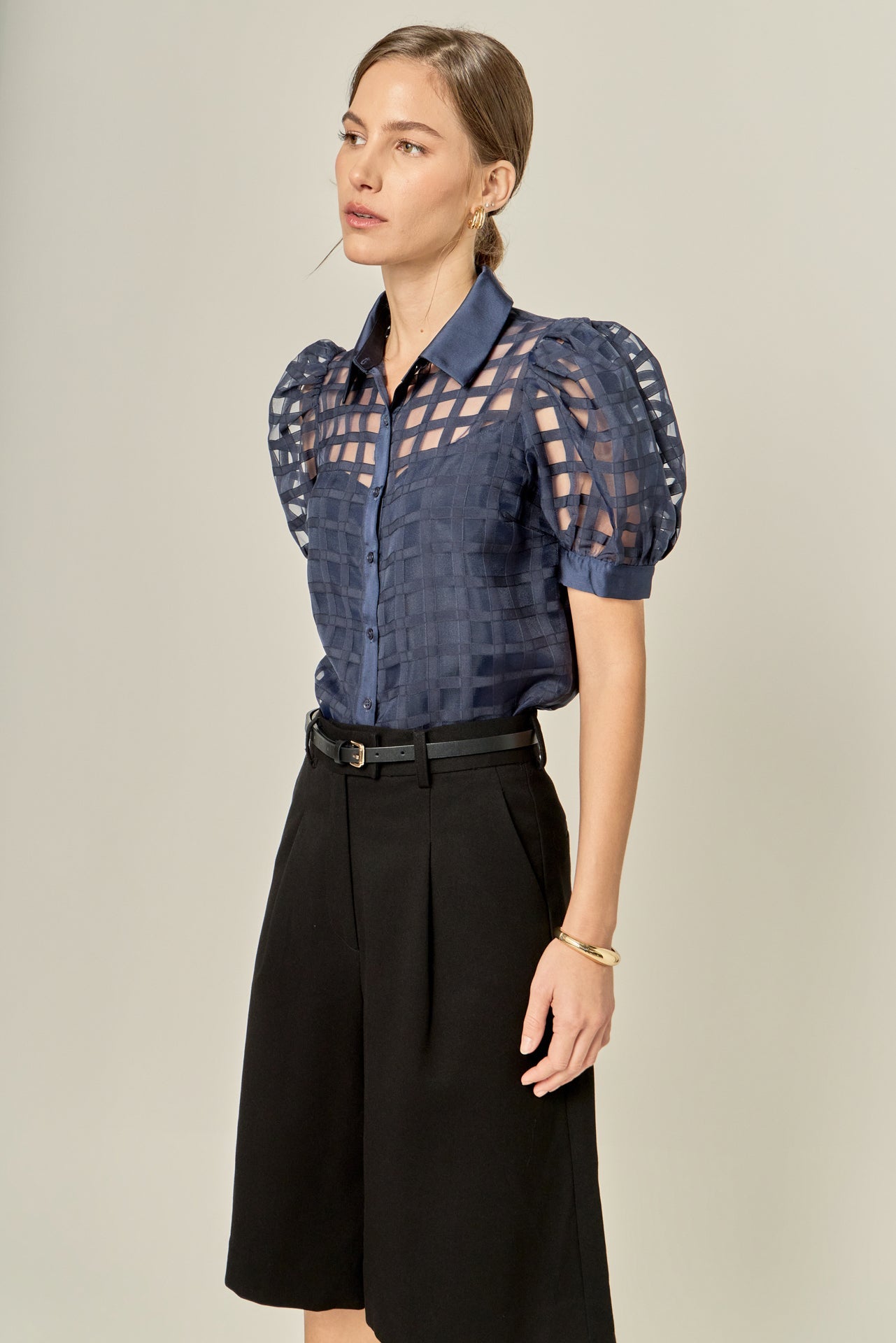 Short Sleeve Organza Grid Blouse