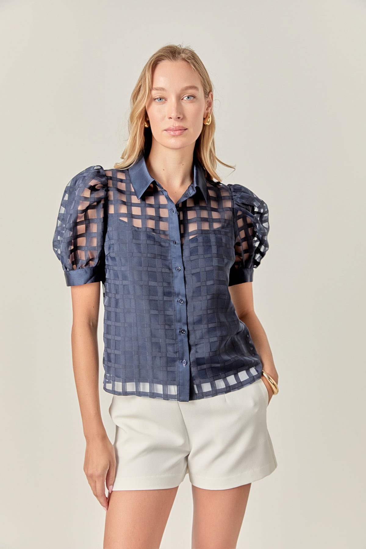 Short Sleeve Organza Grid Blouse