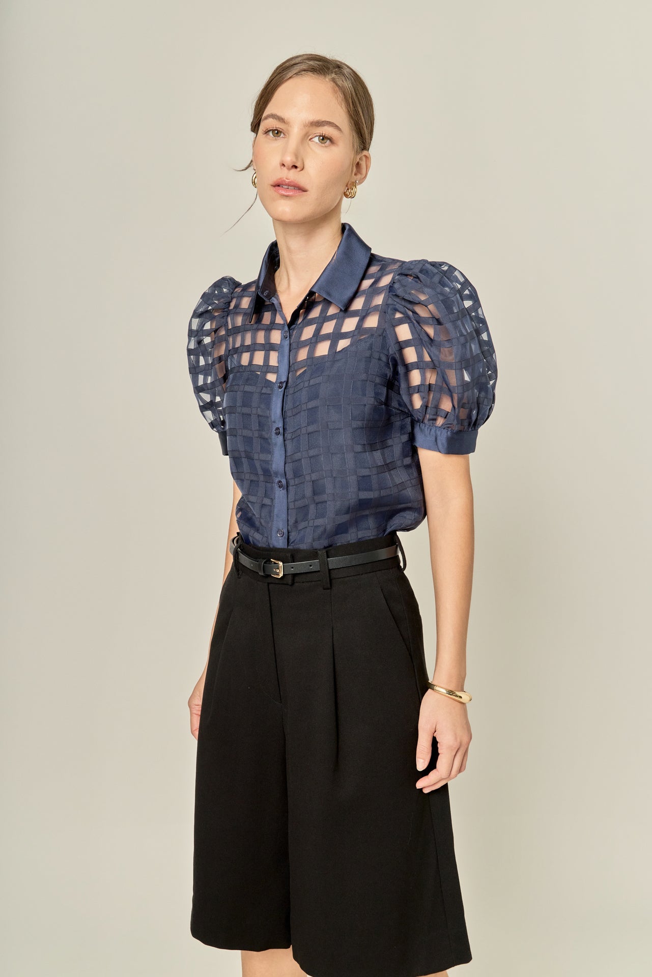 Short Sleeve Organza Grid Blouse