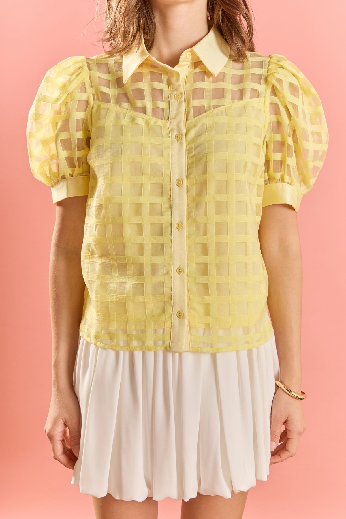 Short Sleeve Organza Grid Blouse