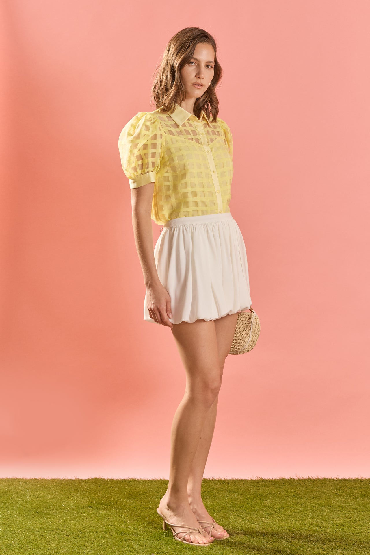 Short Sleeve Organza Grid Blouse