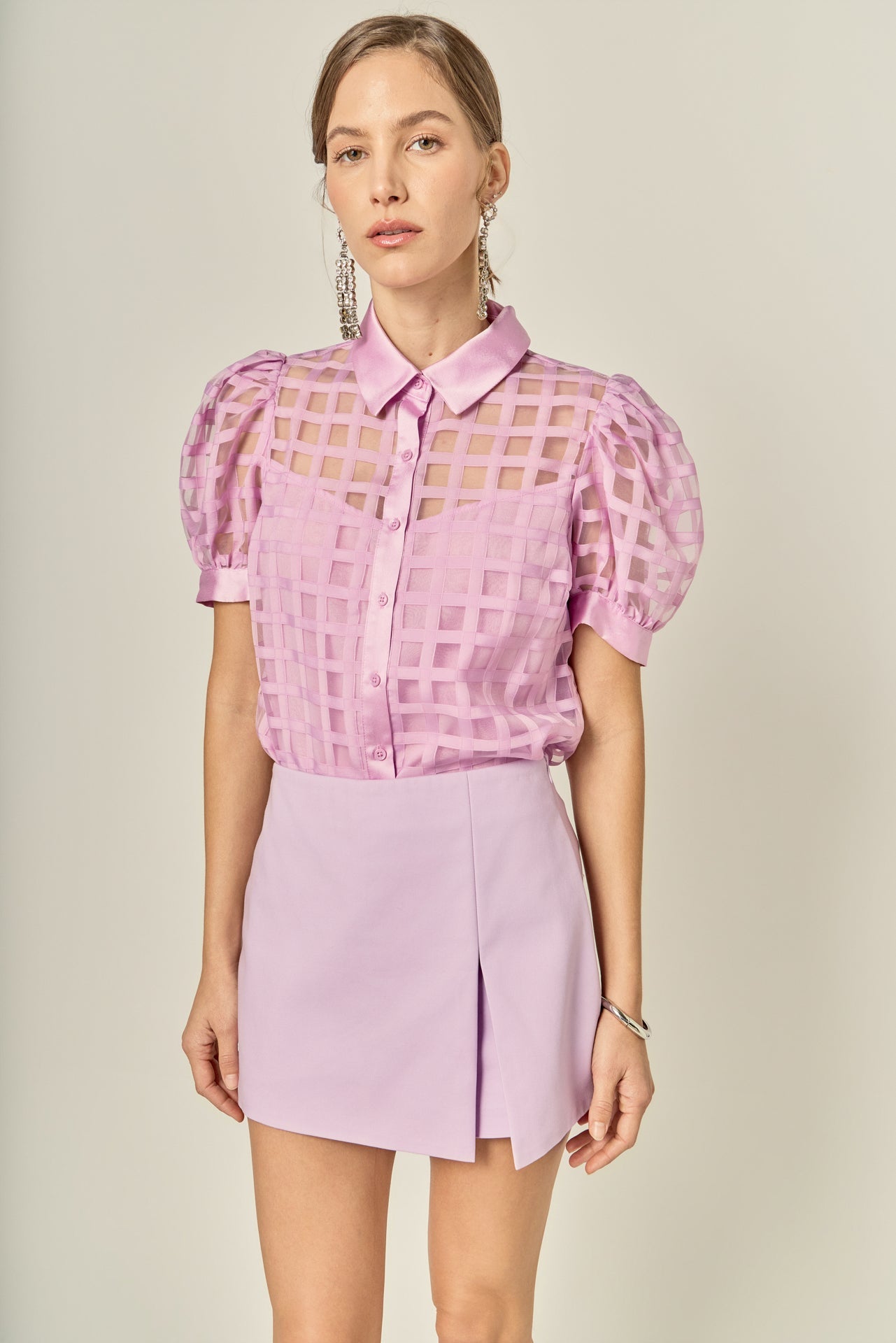 Short Sleeve Organza Grid Blouse