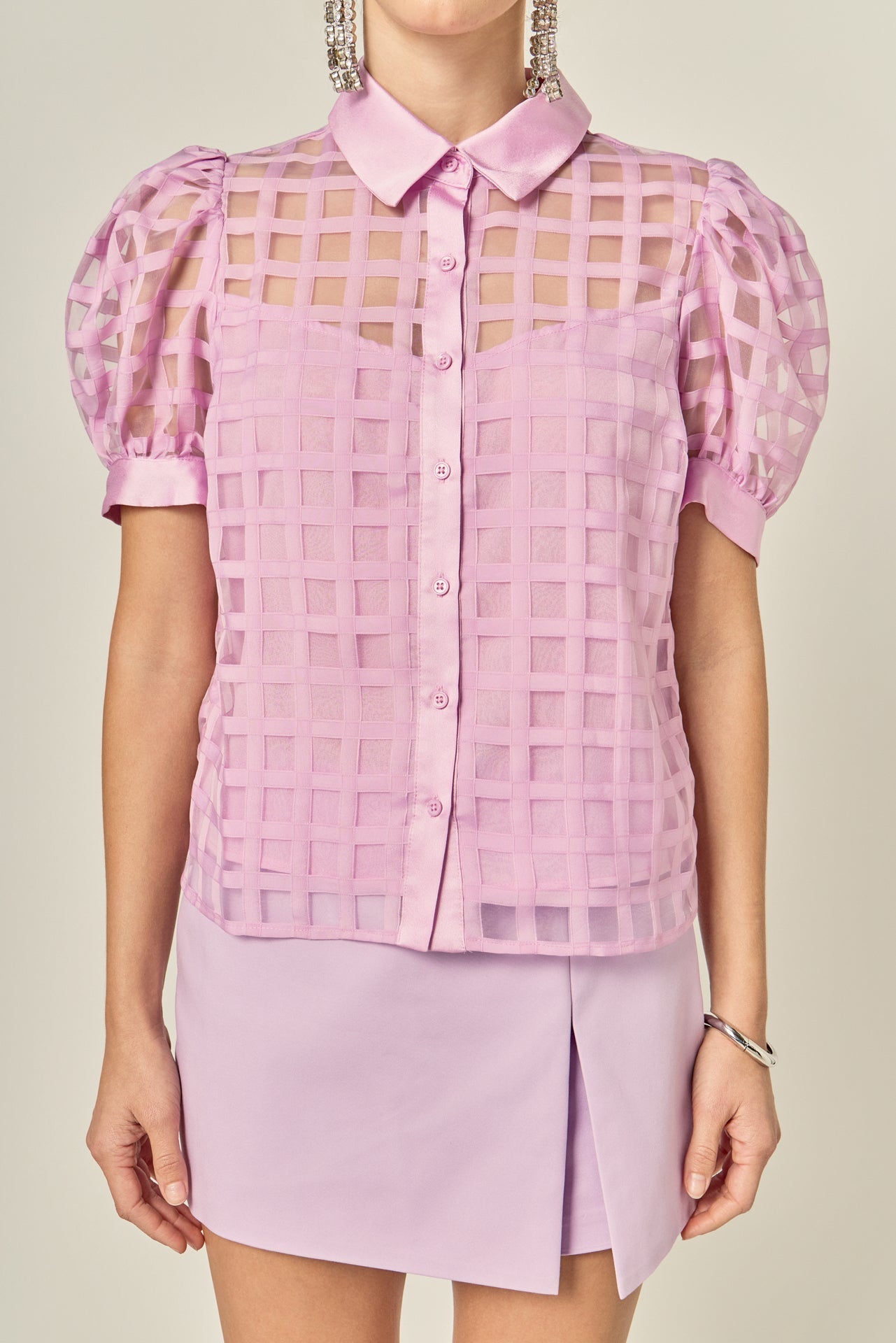 Short Sleeve Organza Grid Blouse