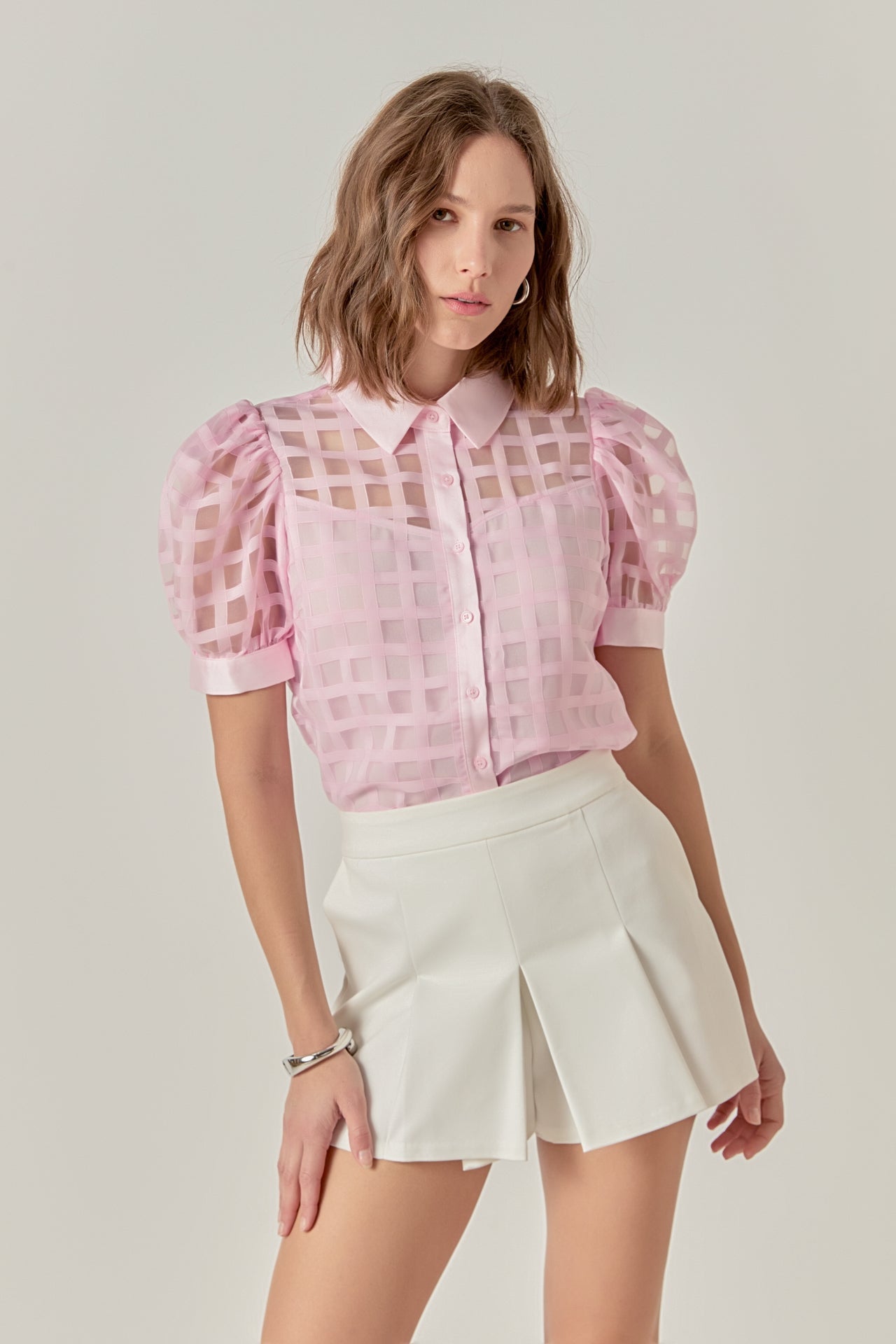 Short Sleeve Organza Grid Blouse