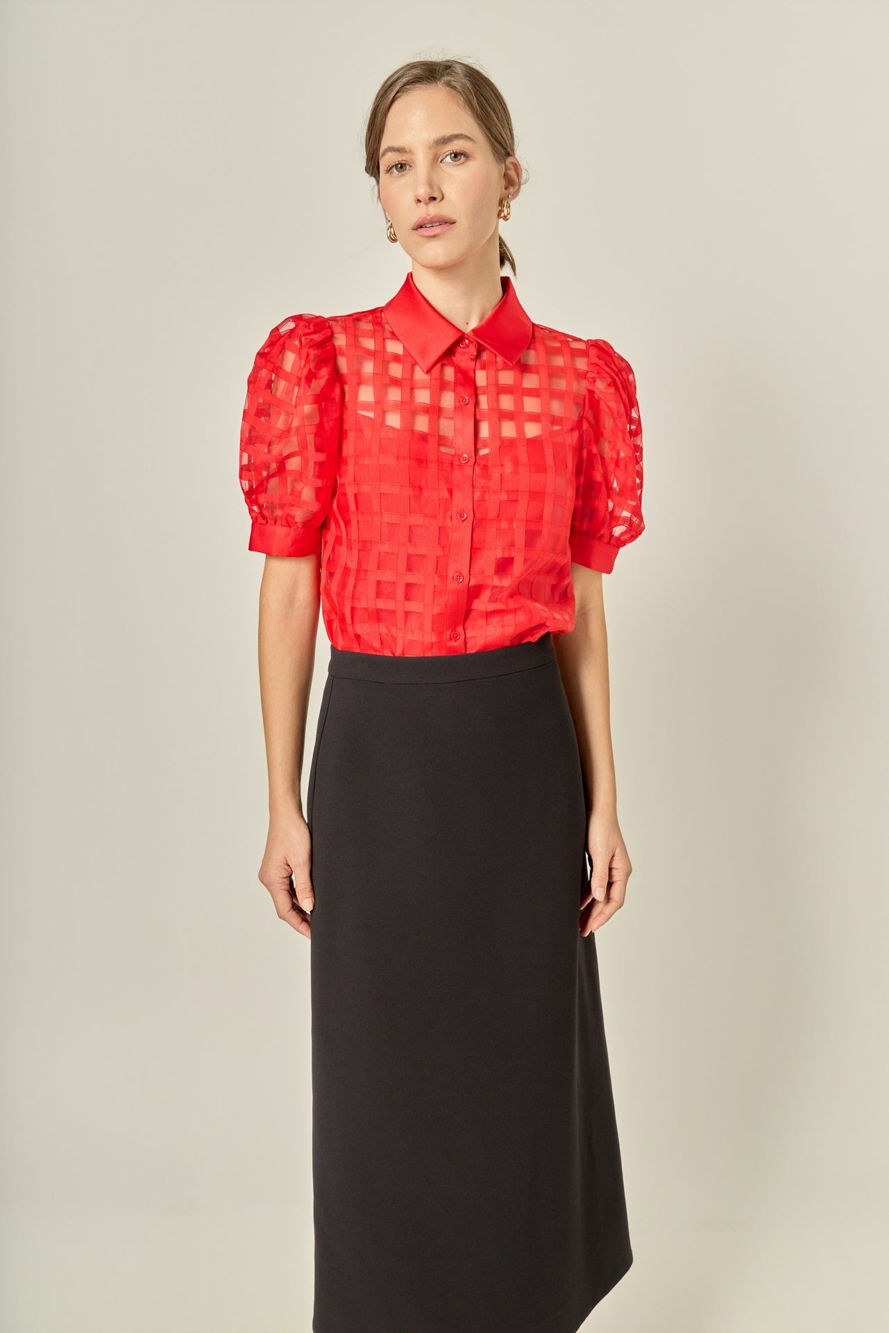 Short Sleeve Organza Grid Blouse