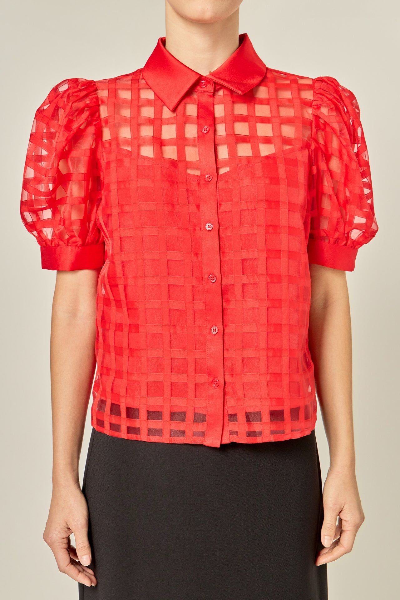 Short Sleeve Organza Grid Blouse