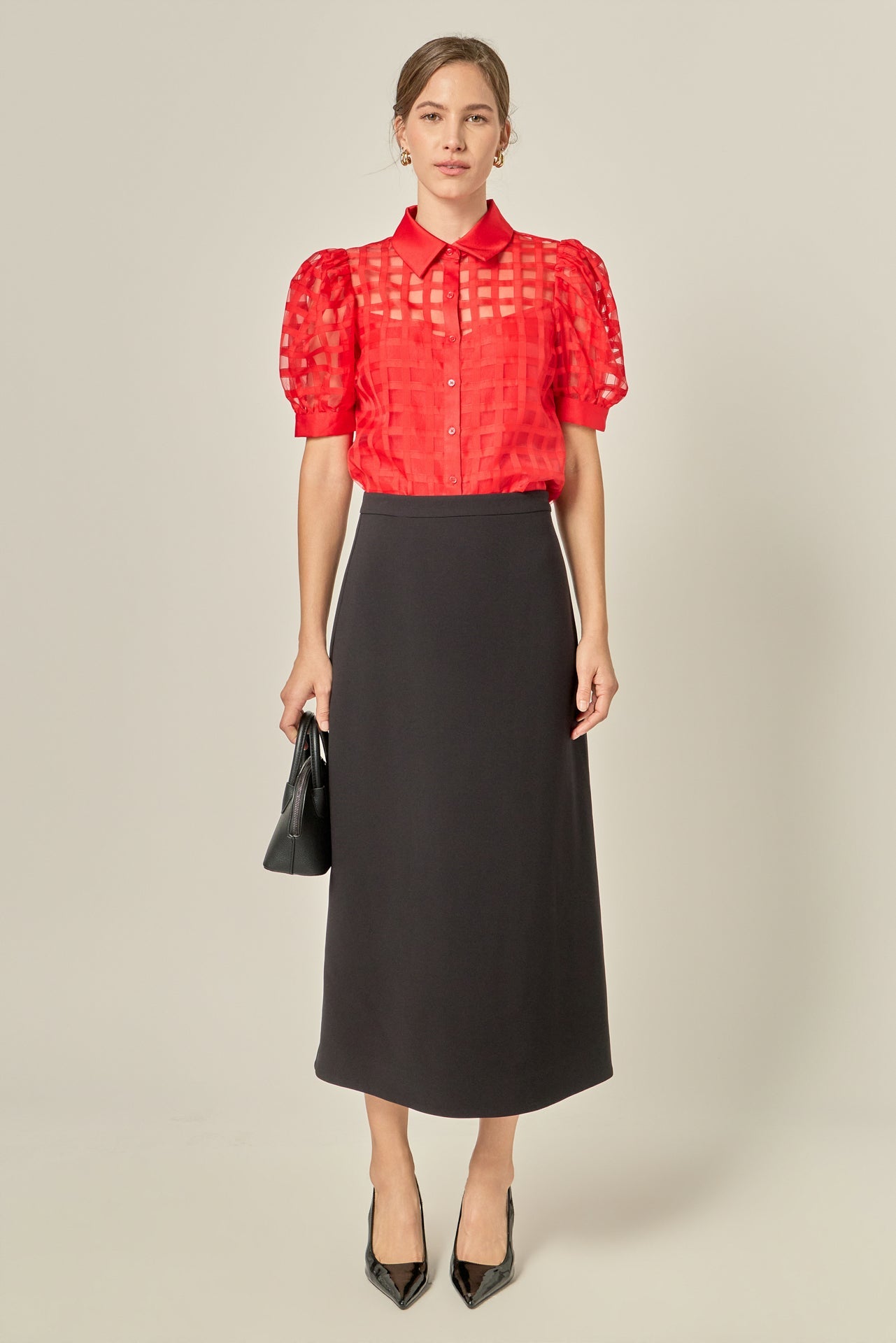 Short Sleeve Organza Grid Blouse