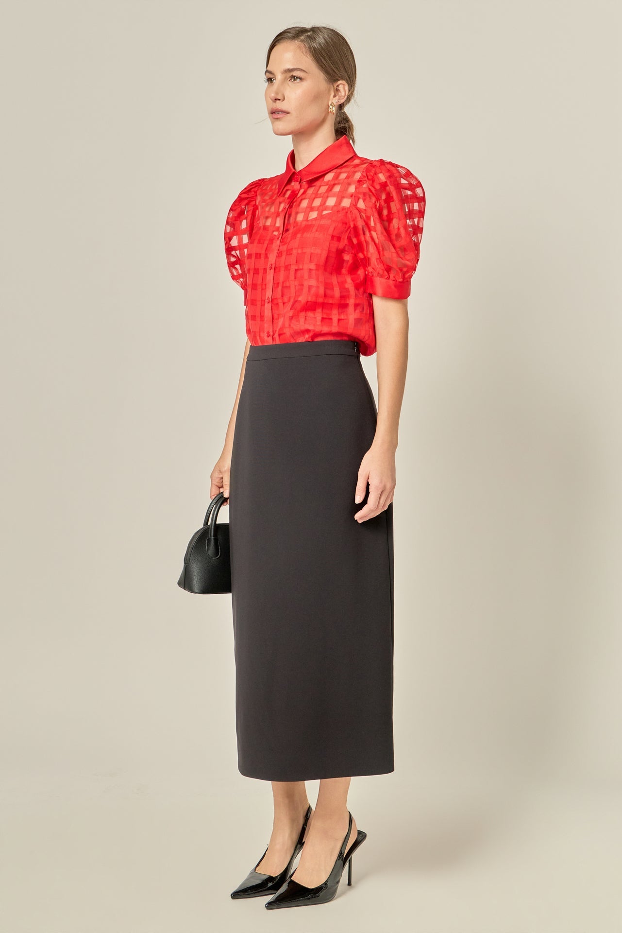 Short Sleeve Organza Grid Blouse