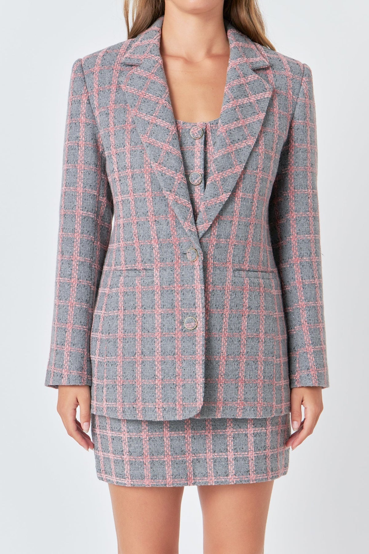 ENDLESS ROSE - Checkered Tweed Single Breast Blazer - BLAZERS available at Objectrare