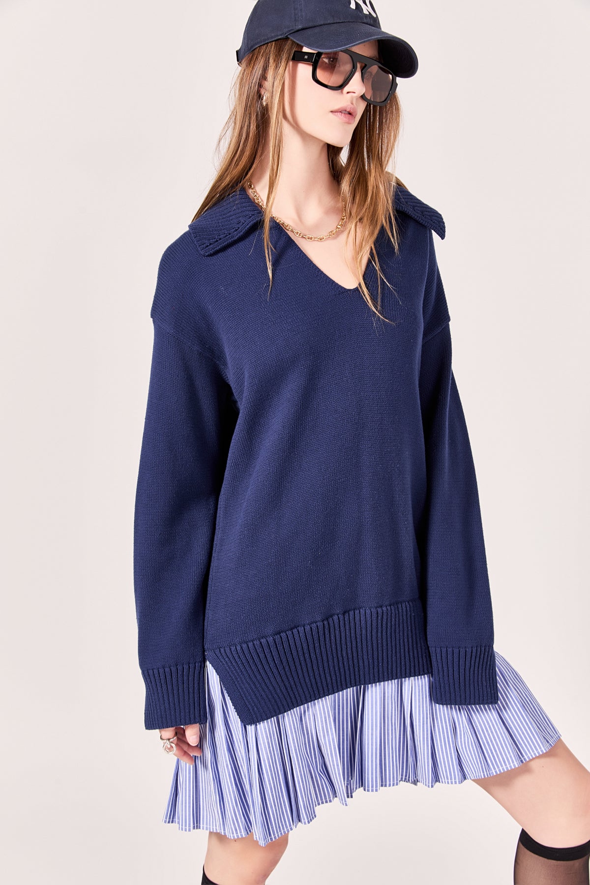 Mixed Media Pleated Stripe Mini Dress