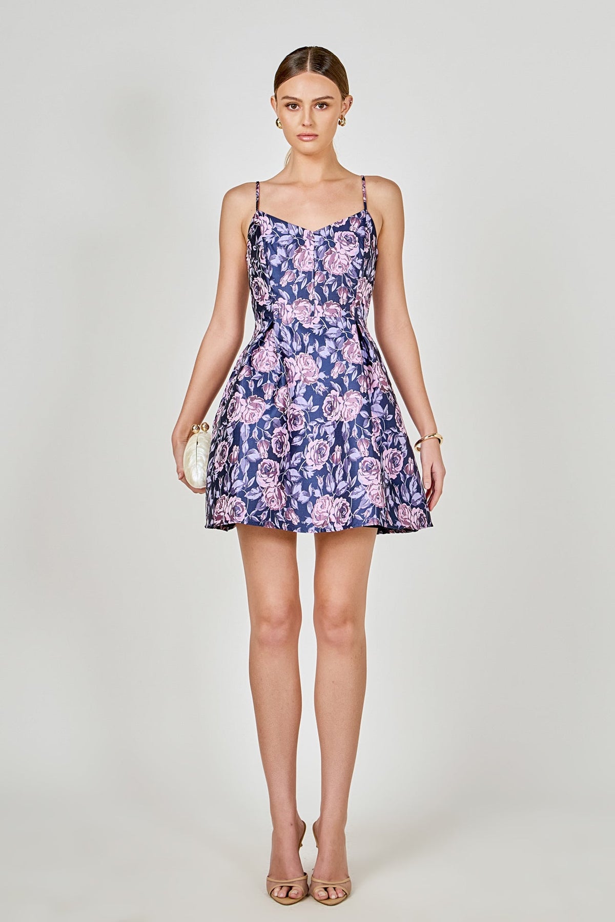 Floral Jacquard Sweetheart Neckline Mini Dress