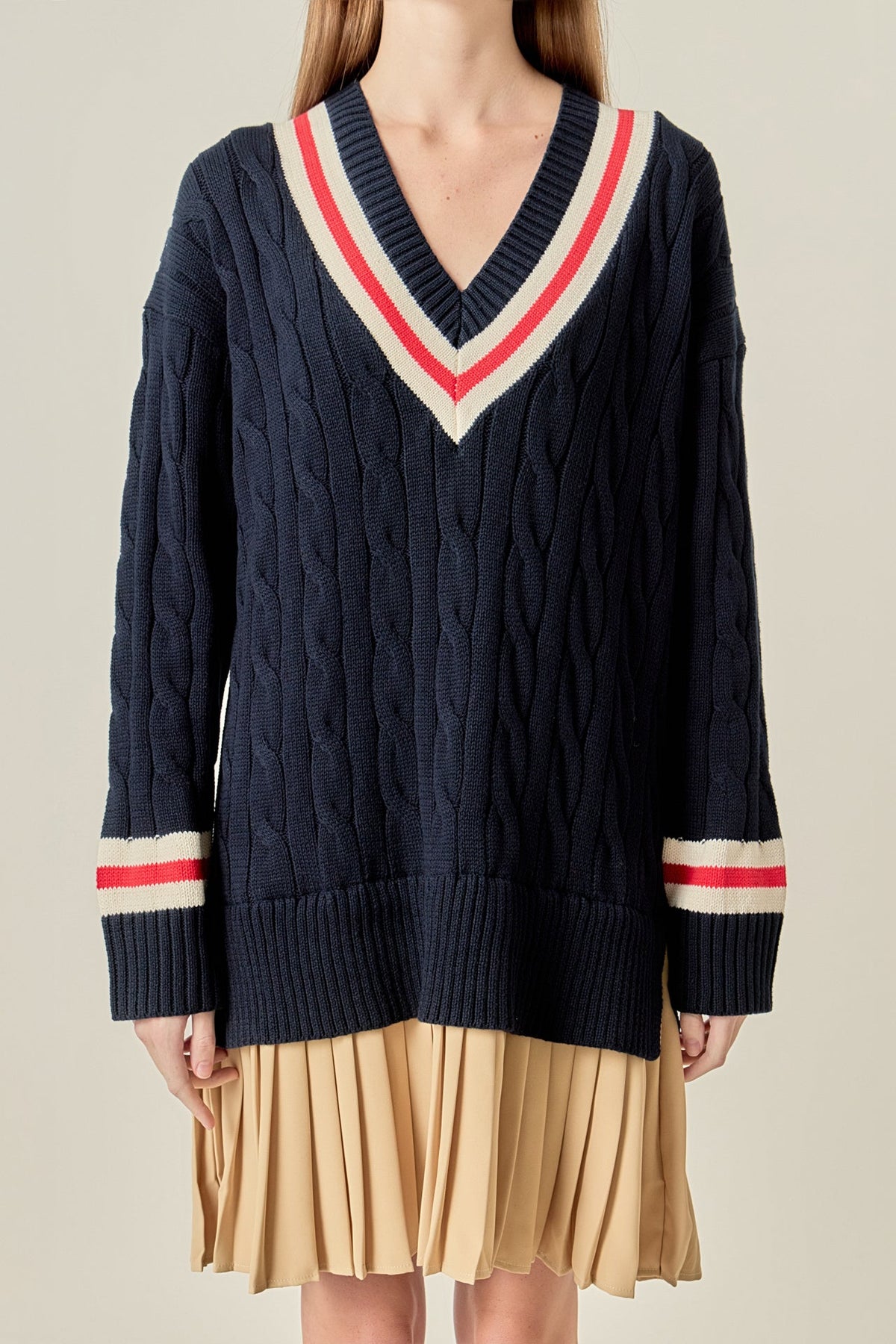 Cable Knit Pleated Sweater Dress