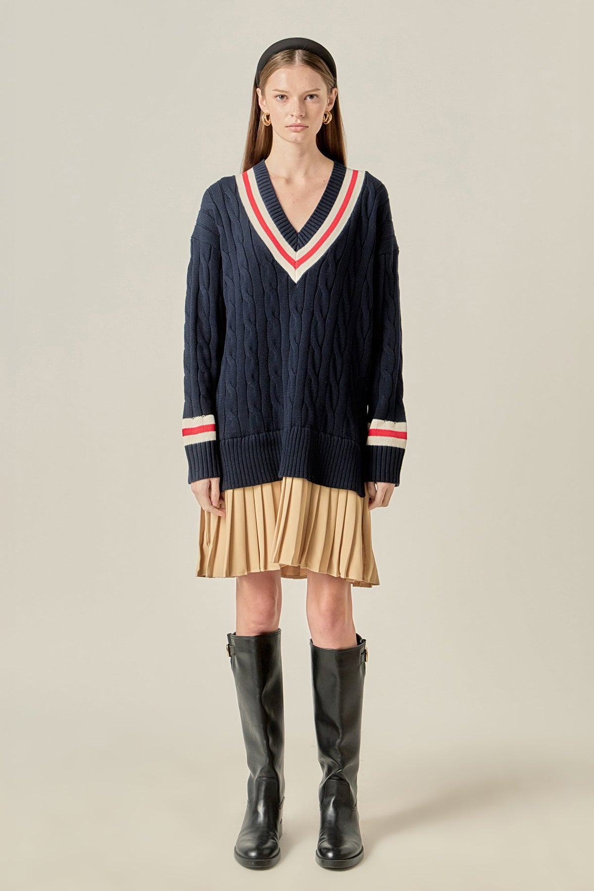 Cable Knit Pleated Sweater Dress