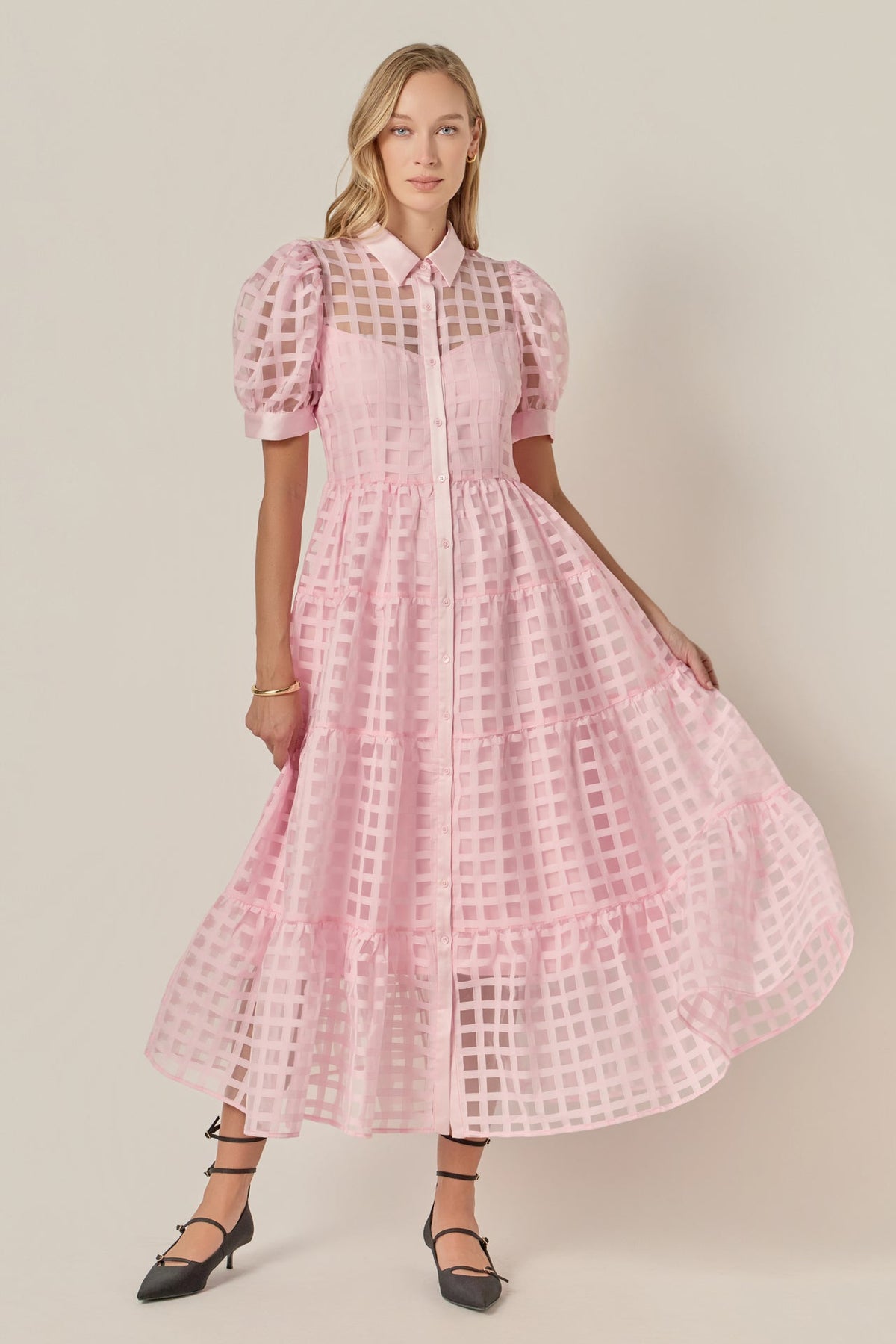 Gridded Organza Tiered Maxi Dress