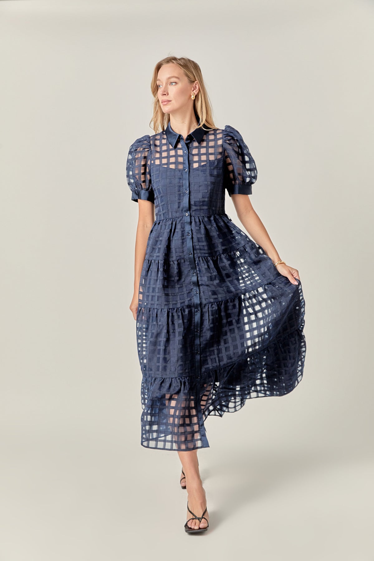 Gridded Organza Tiered Maxi Dress