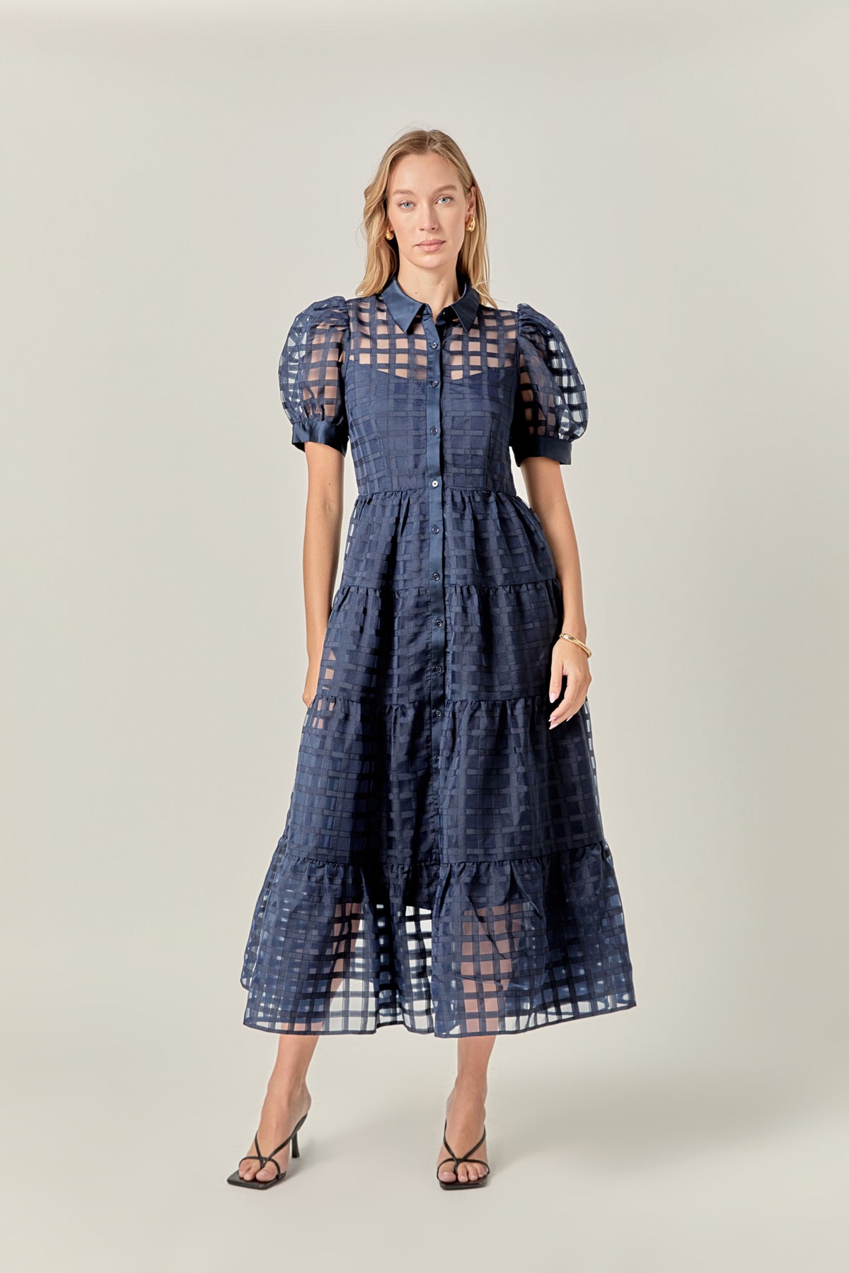 Gridded Organza Tiered Maxi Dress