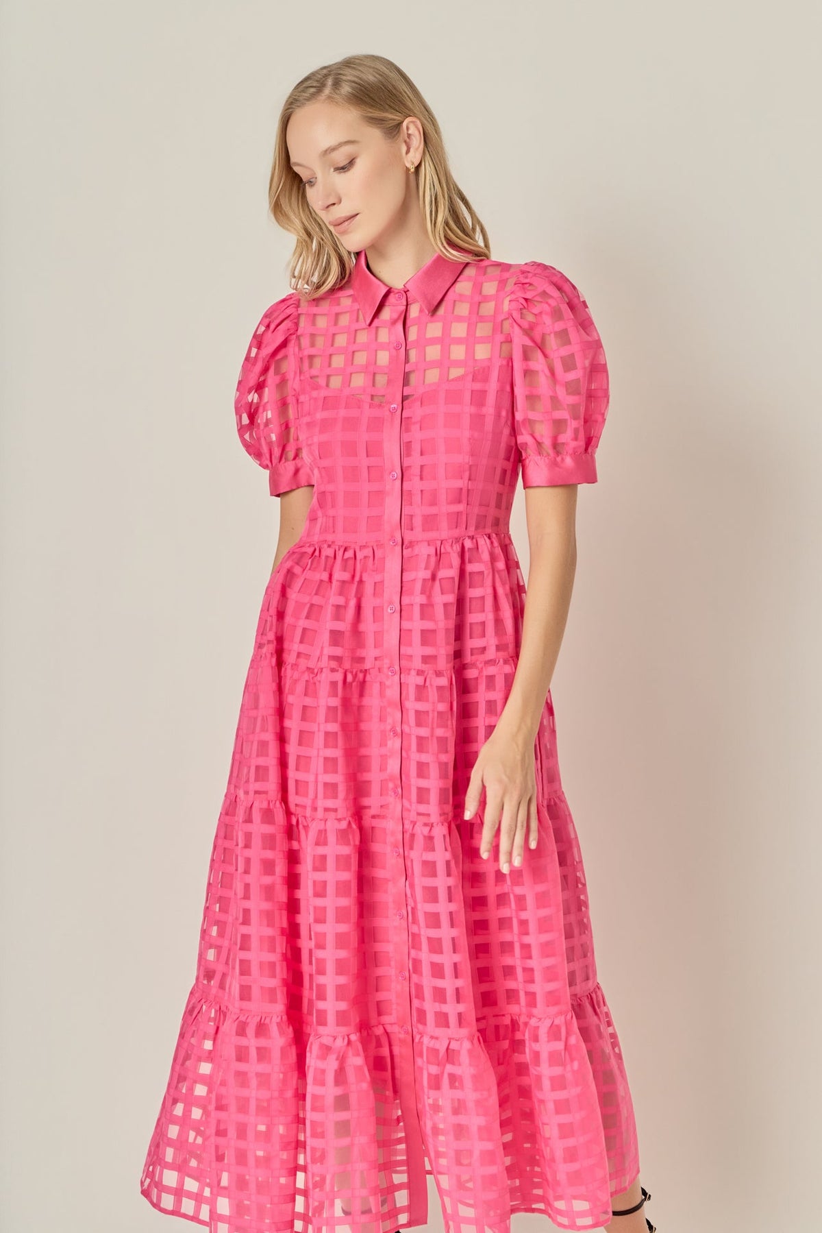 Gridded Organza Tiered Maxi Dress
