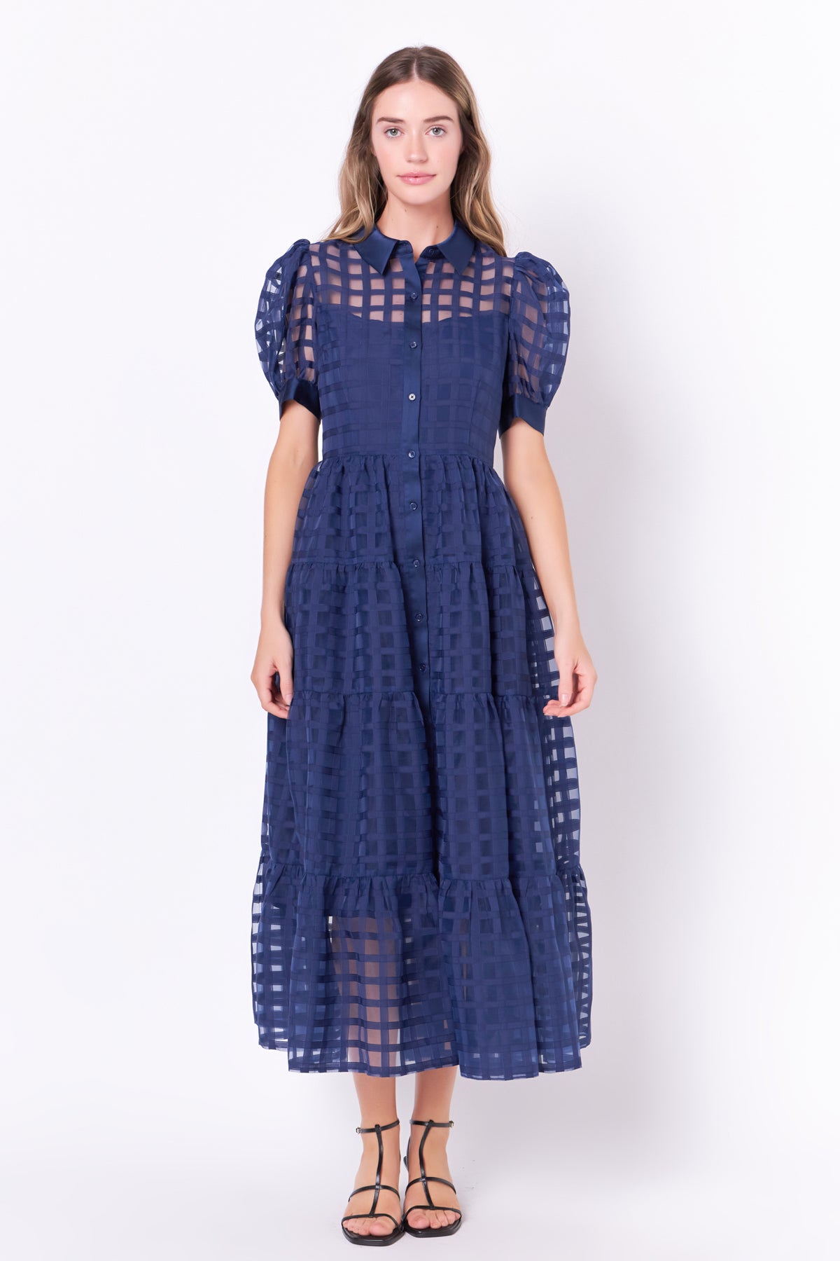 Gridded Organza Tiered Maxi Dress