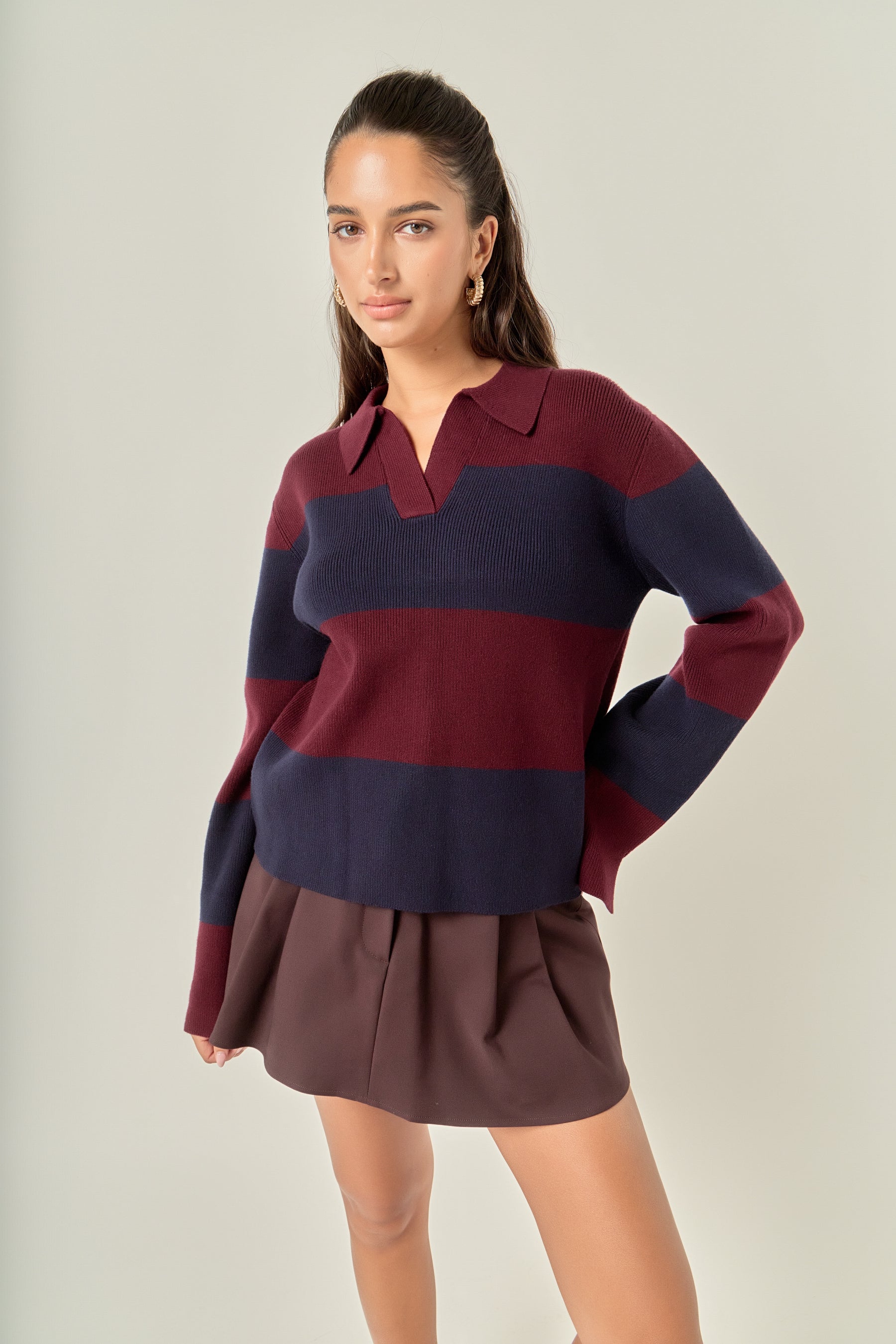 Striped Collared Knit Sweater