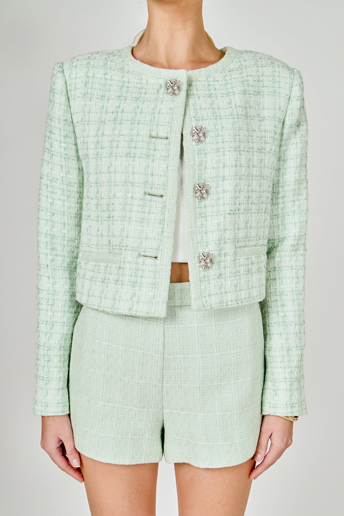 Lemi Tweed Jewel Buttoned Combo Jacket