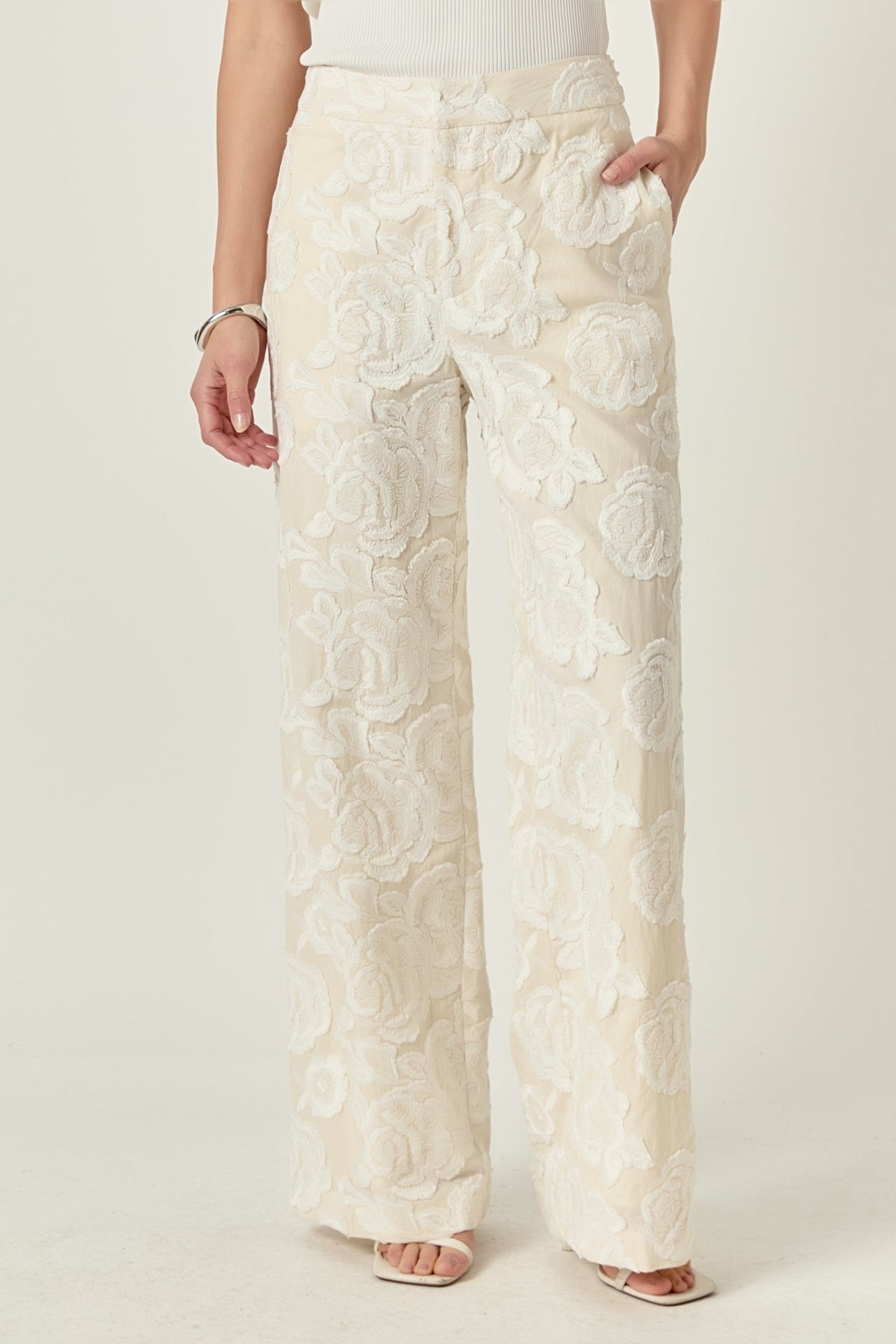 ENDLESS ROSE - Floral Embroidered Relaxed Pants - PANTS available at Objectrare