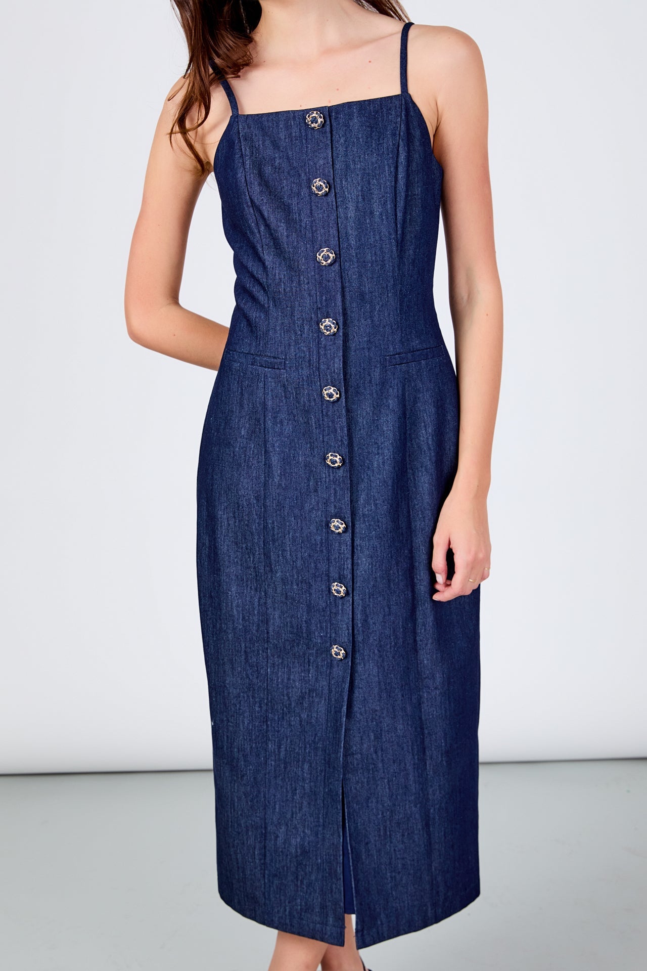 High Neck Denim Midi Dress