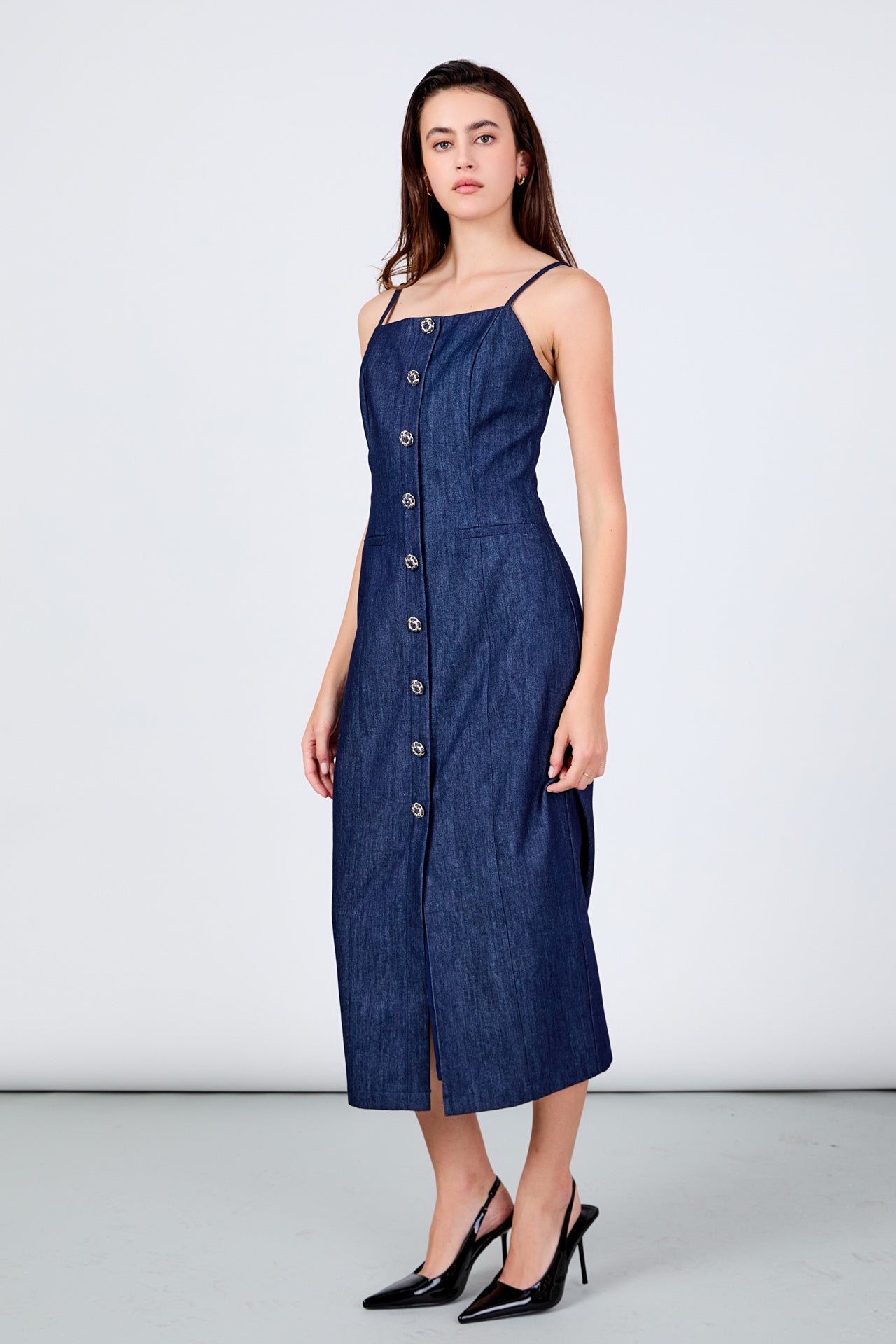 High Neck Denim Midi Dress