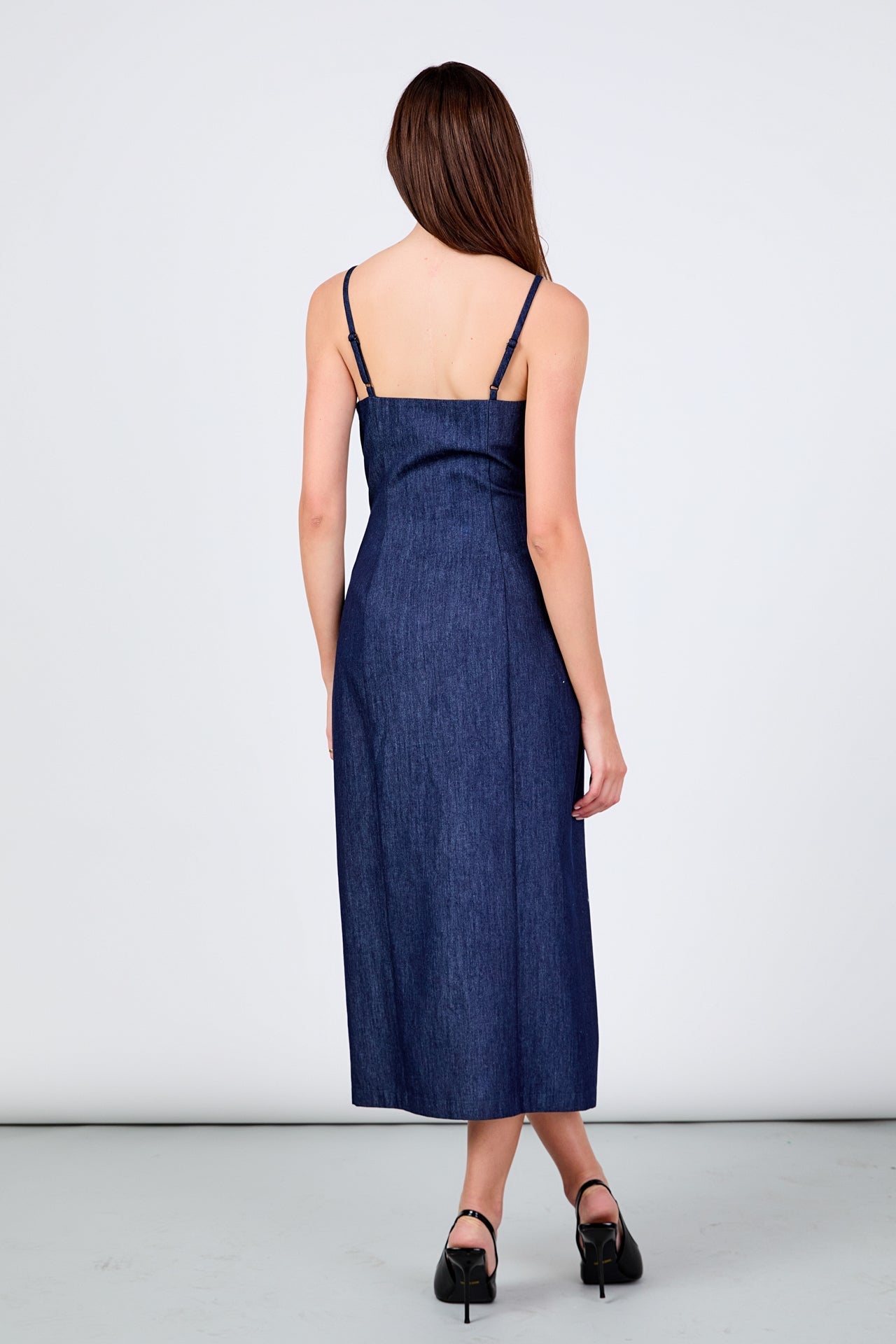 High Neck Denim Midi Dress