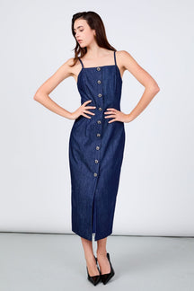 High Neck Denim Midi Dress