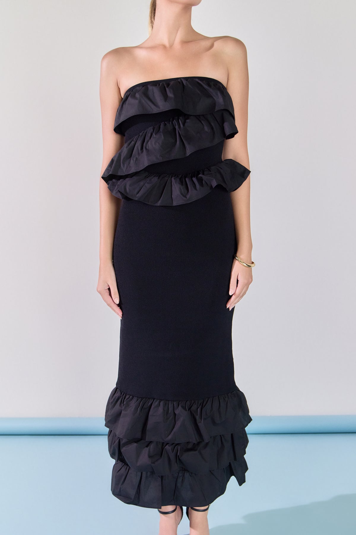 Mixed Media Strapless Fitted Maxi Dress