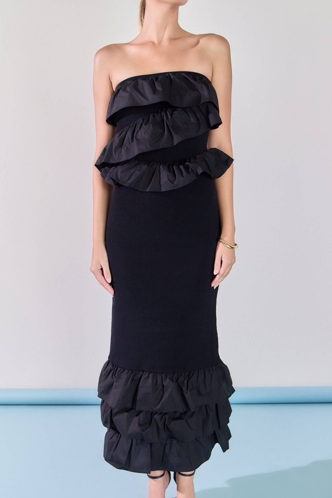 Mixed Media Strapless Fitted Maxi Dress
