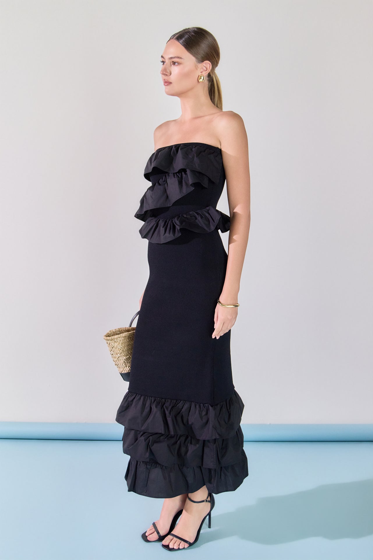 Mixed Media Strapless Fitted Maxi Dress
