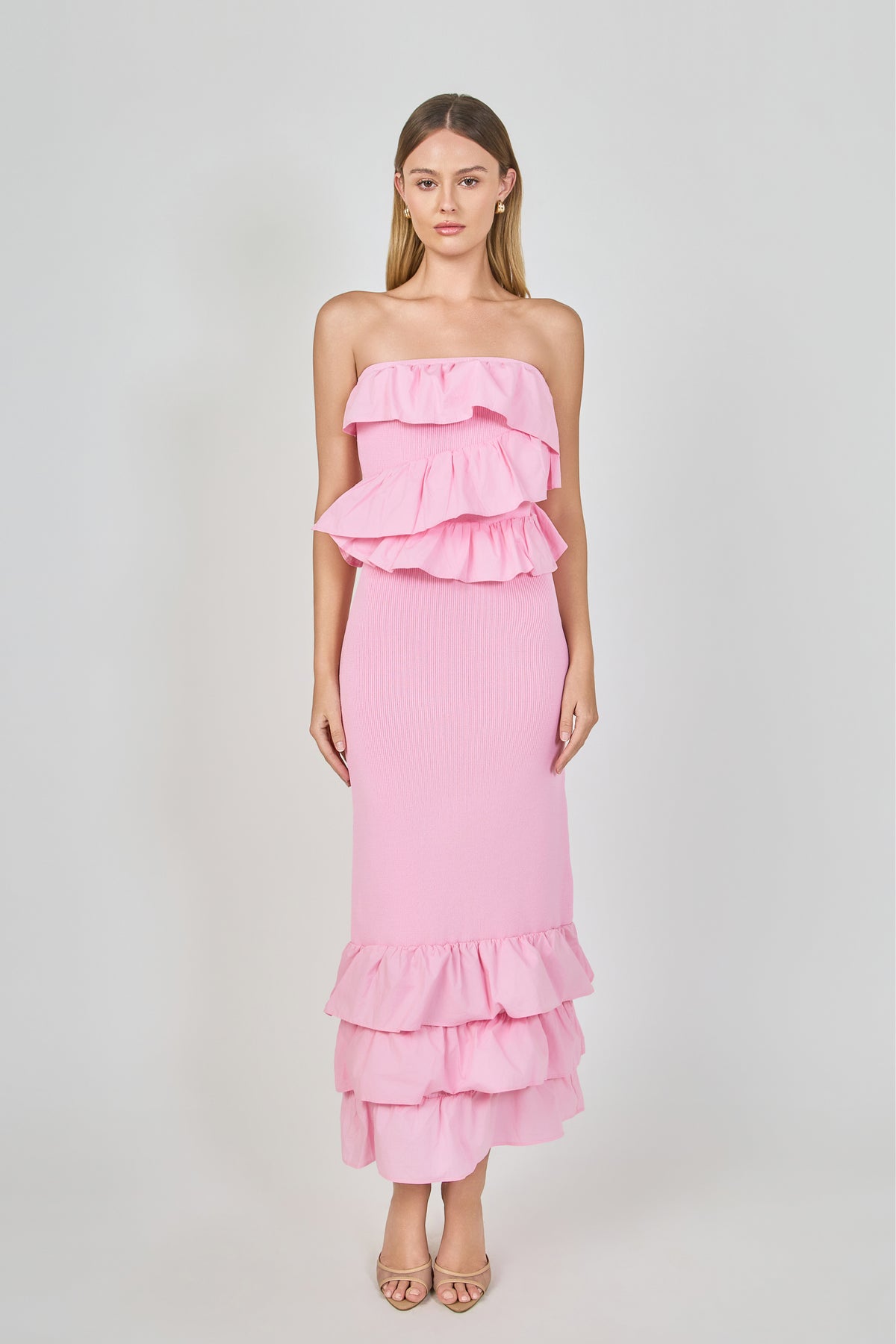 Mixed Media Strapless Fitted Maxi Dress
