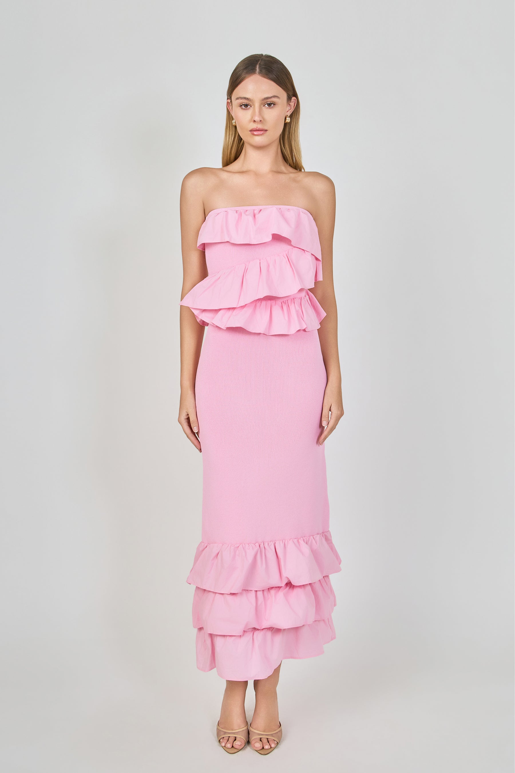 Mixed Media Strapless Fitted Maxi Dress