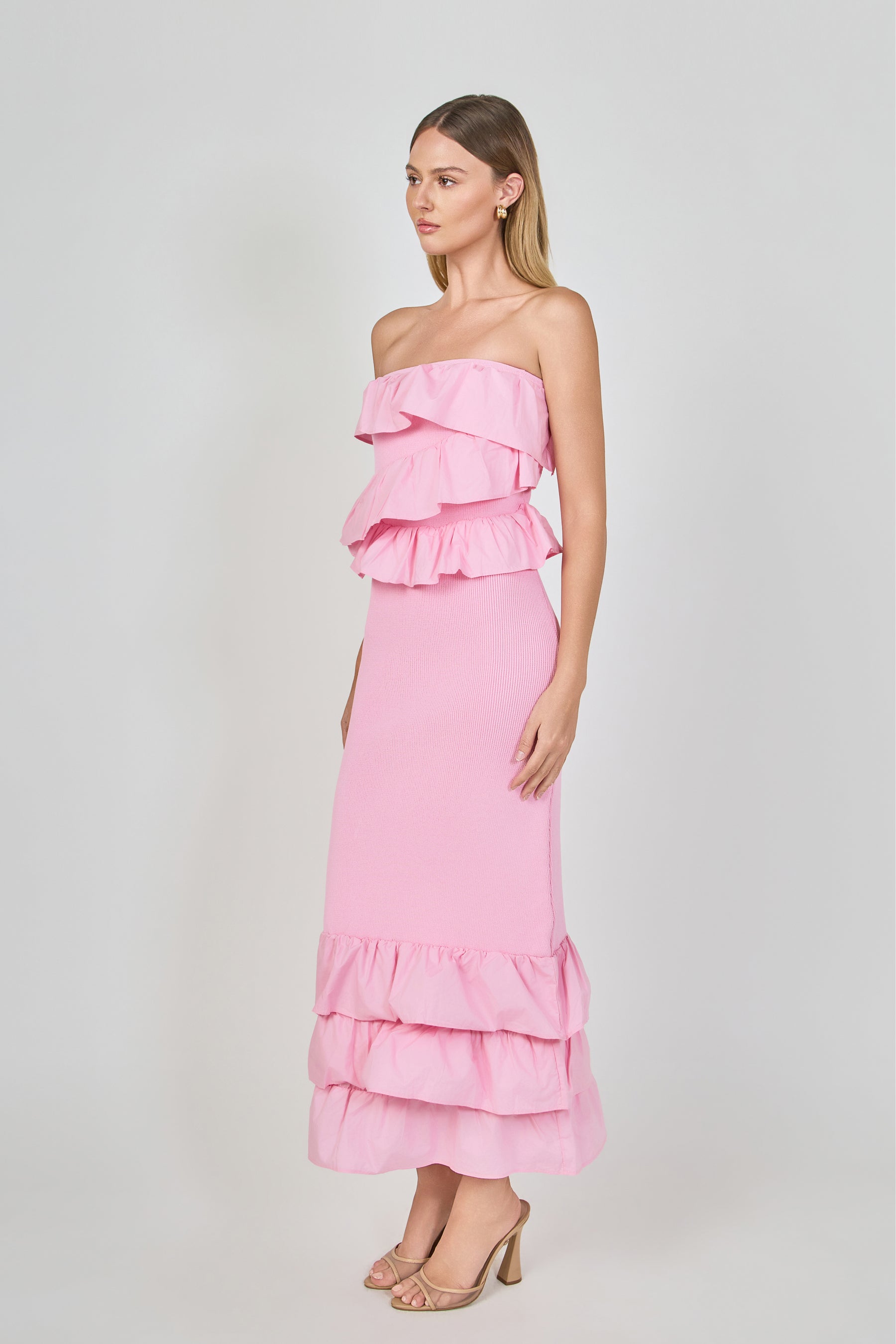 Mixed Media Strapless Fitted Maxi Dress